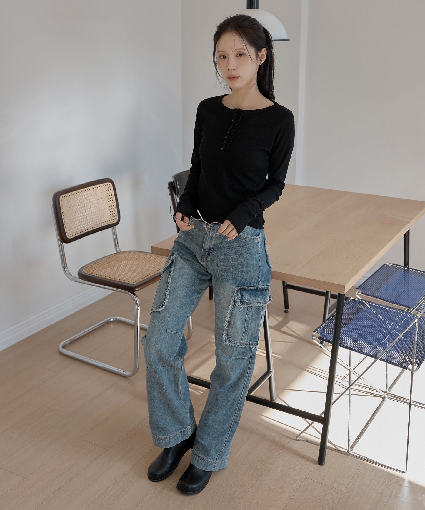 フリンジユニークラインカーゴストレートデニムパンツ