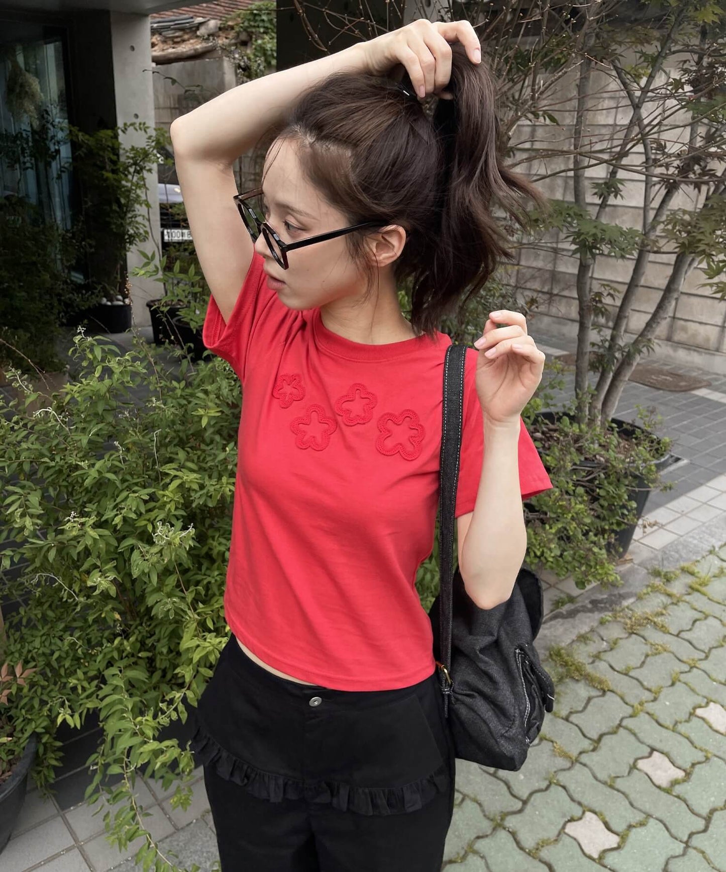 ダッフルフラワーワッペンレタリング半袖Tシャツ