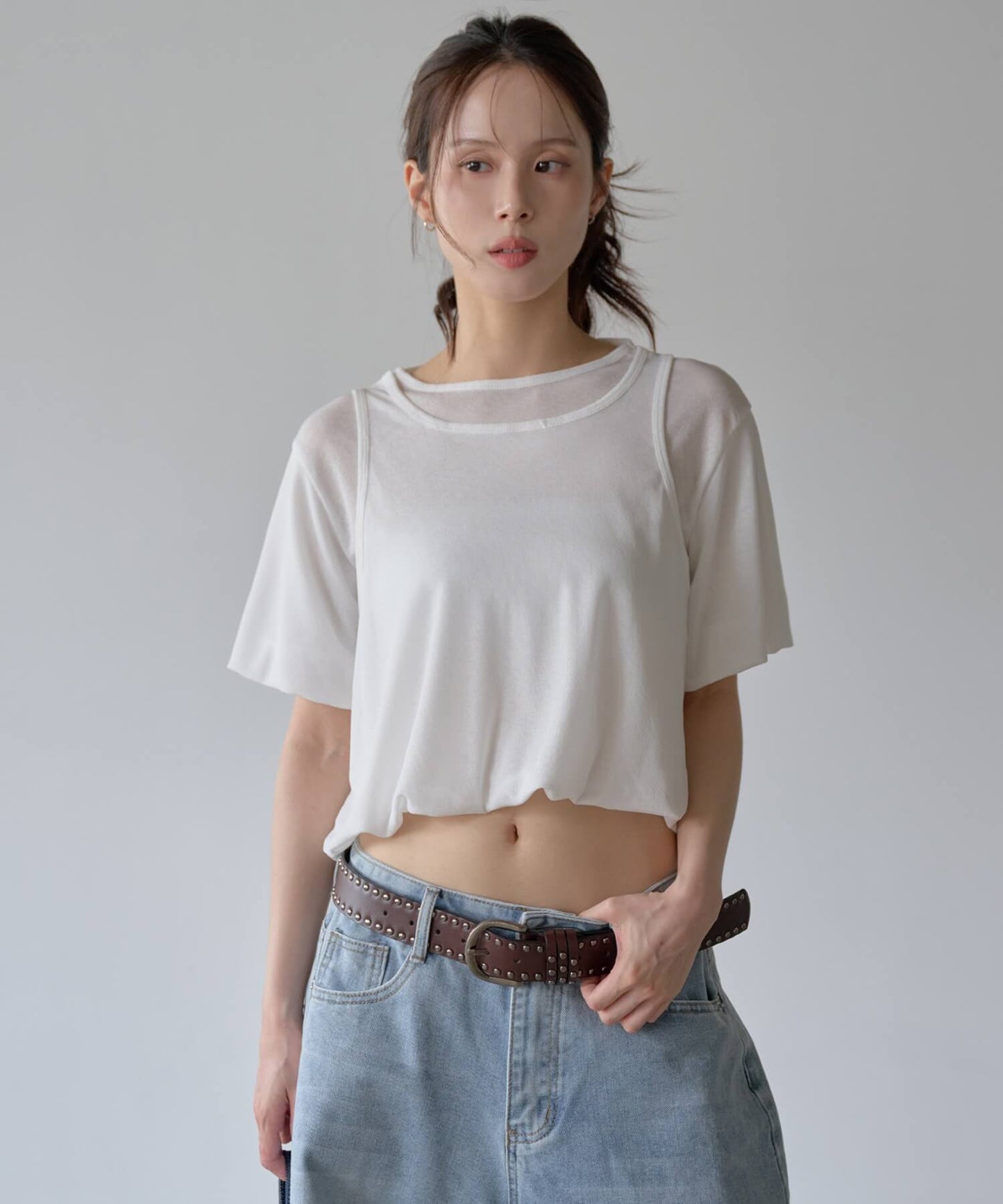 パステルキャンディレイヤードシースルーバルーンセミクロップドTシャツブラウスカットソー