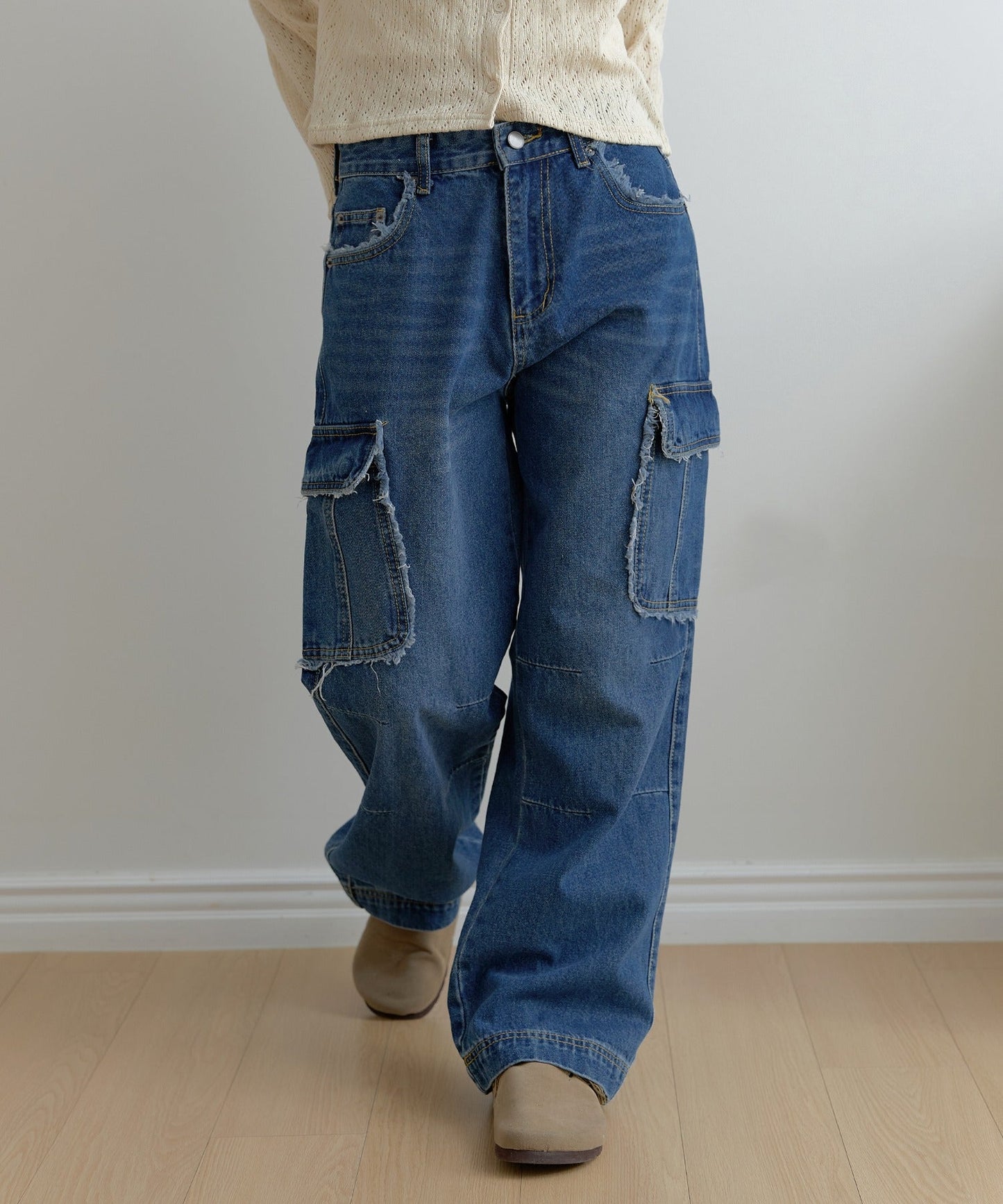 フリンジユニークラインカーゴストレートデニムパンツ