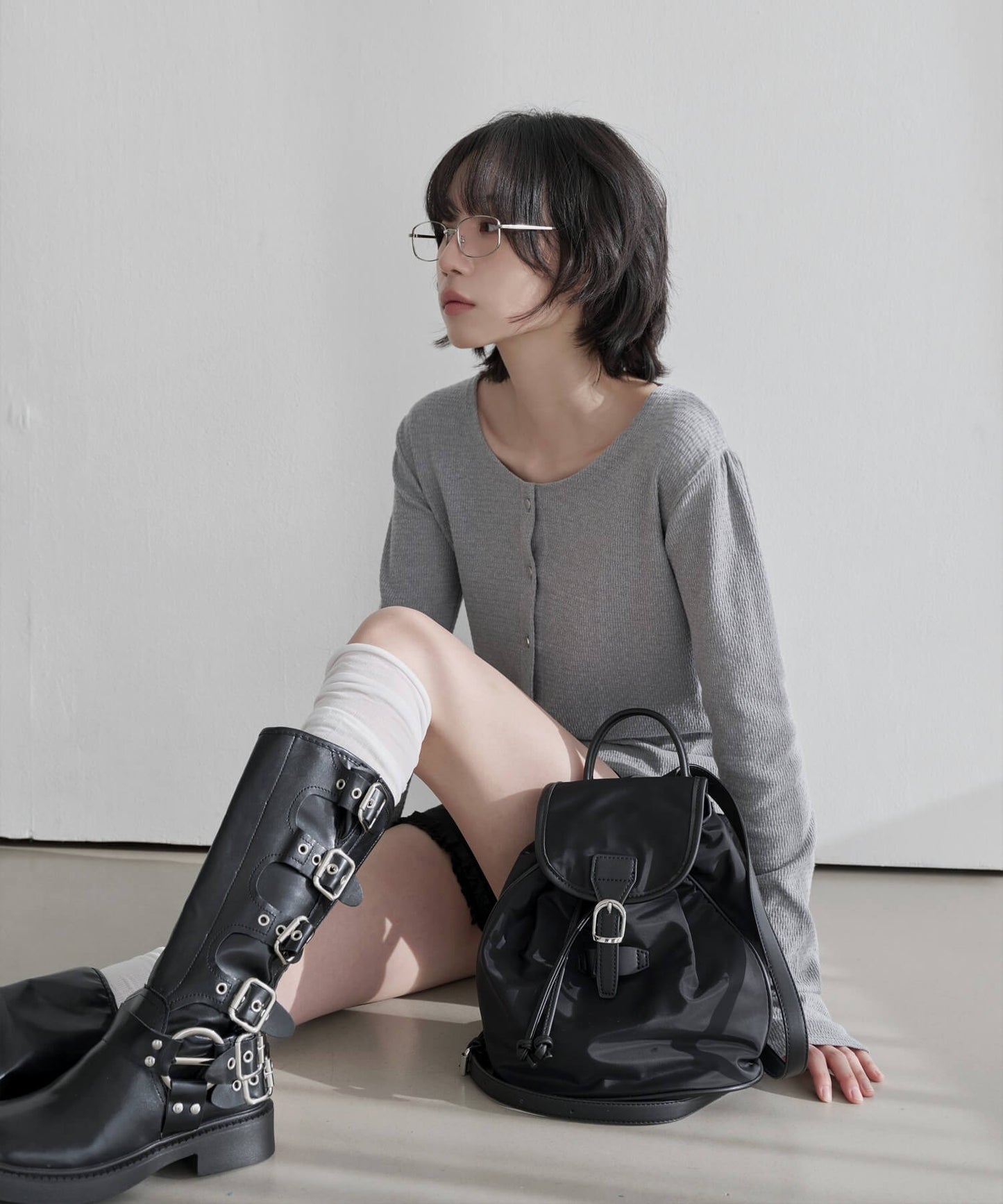 【ショート丈/ロング丈】異素材ラウンド厚底8cmスウェードレザースリムブーツ
