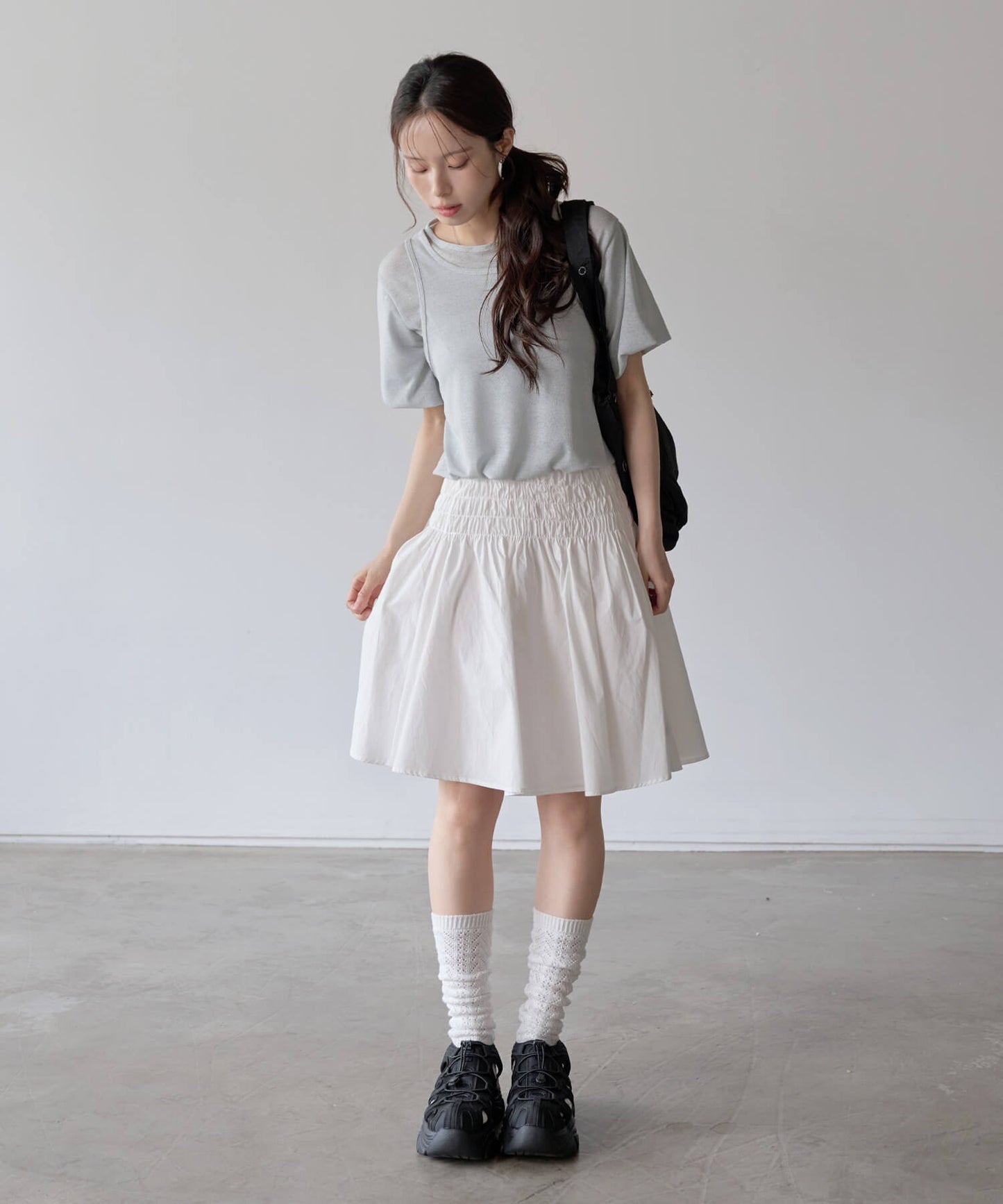 パステルキャンディレイヤードシースルーバルーンセミクロップドTシャツブラウスカットソー