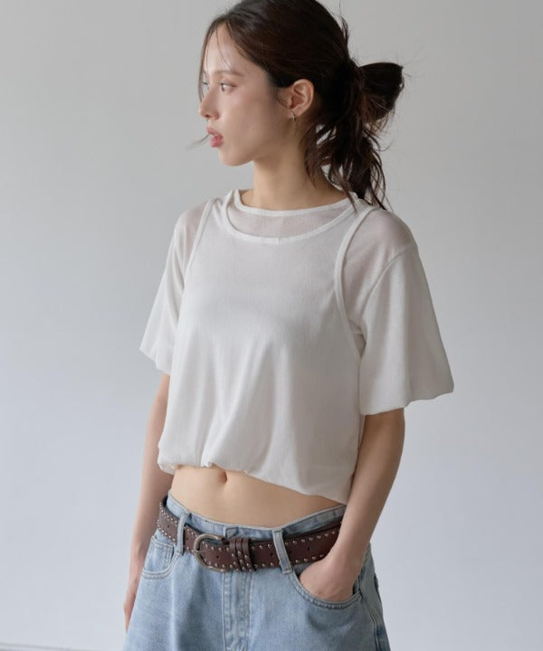 パステルキャンディレイヤードシースルーバルーンセミクロップドTシャツブラウスカットソー