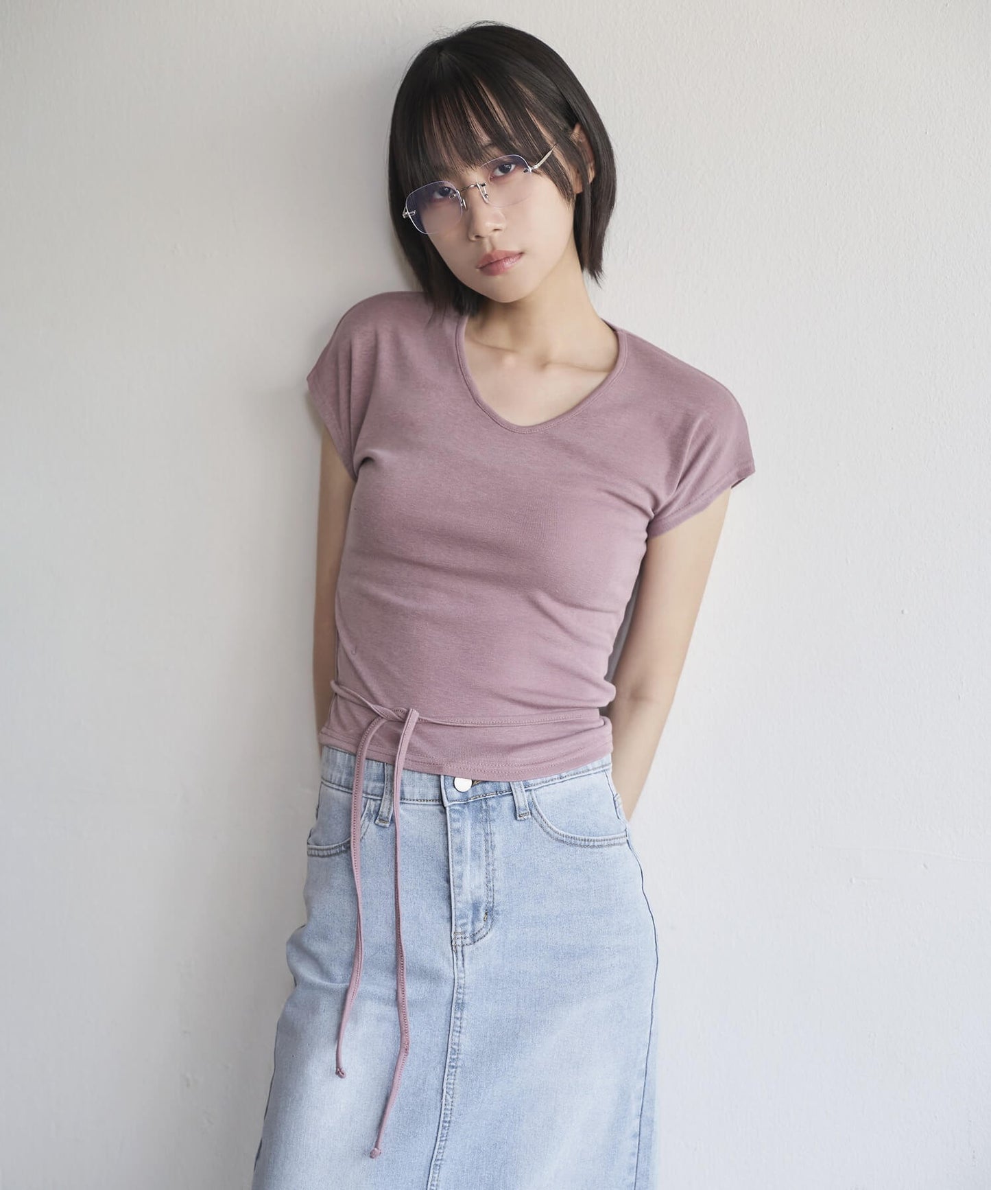 [UNE ORIGINAL]ラウンドネックリボンメイクTシャツカットソー