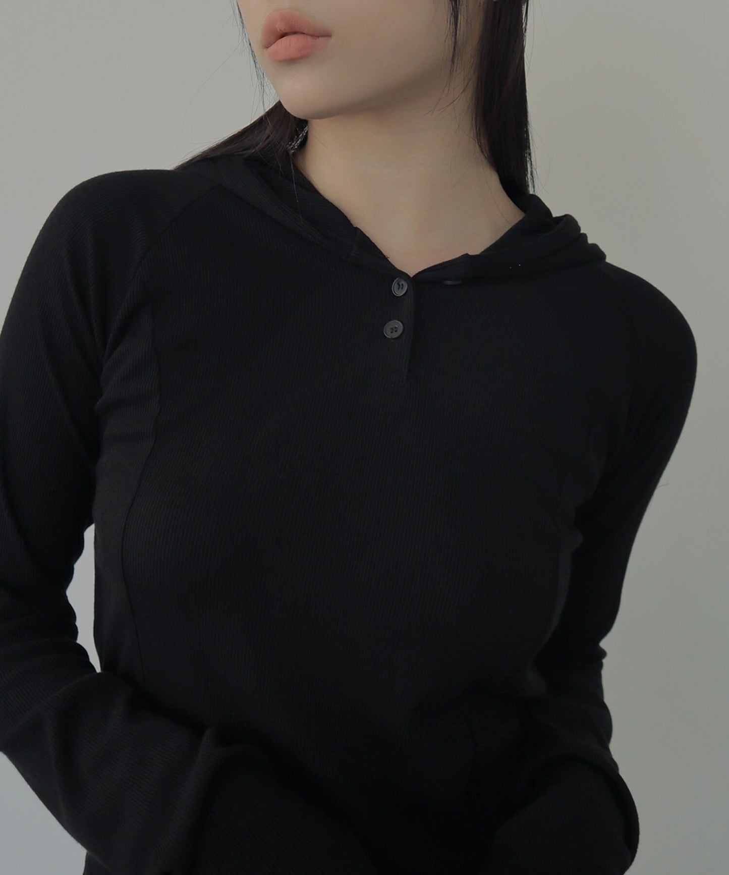 シルバーボタンリブフード長袖Tシャツカットソー