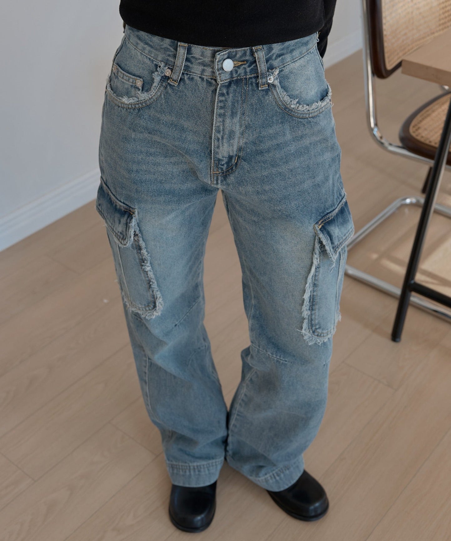 フリンジユニークラインカーゴストレートデニムパンツ