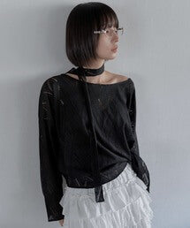 【UNE ORIGINAL】ポイントマフラースカーフ＆アンバランスシースルーエスニックビンテージニットセット