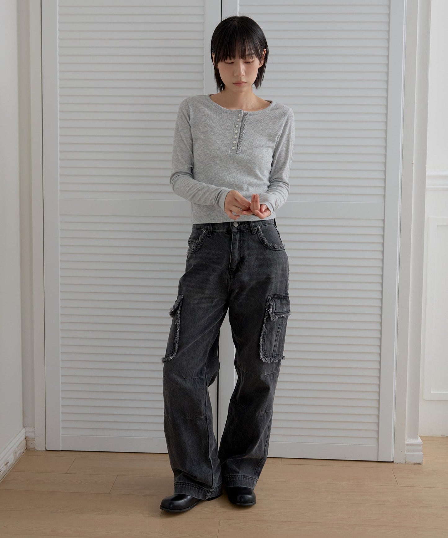 フリンジユニークラインカーゴストレートデニムパンツ