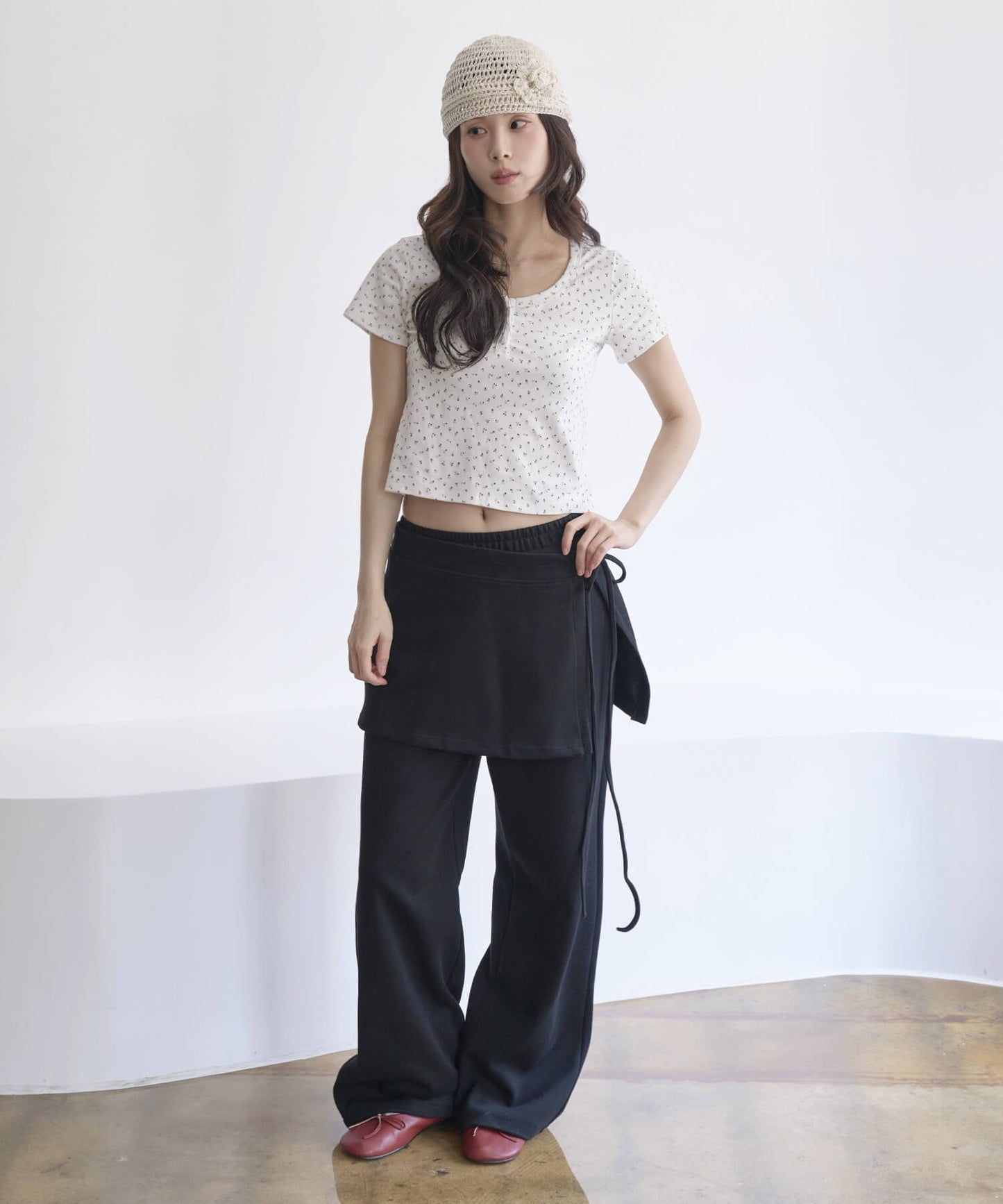 ラブリーフラワーパターンポイントボタン半袖Tシャツカットソー