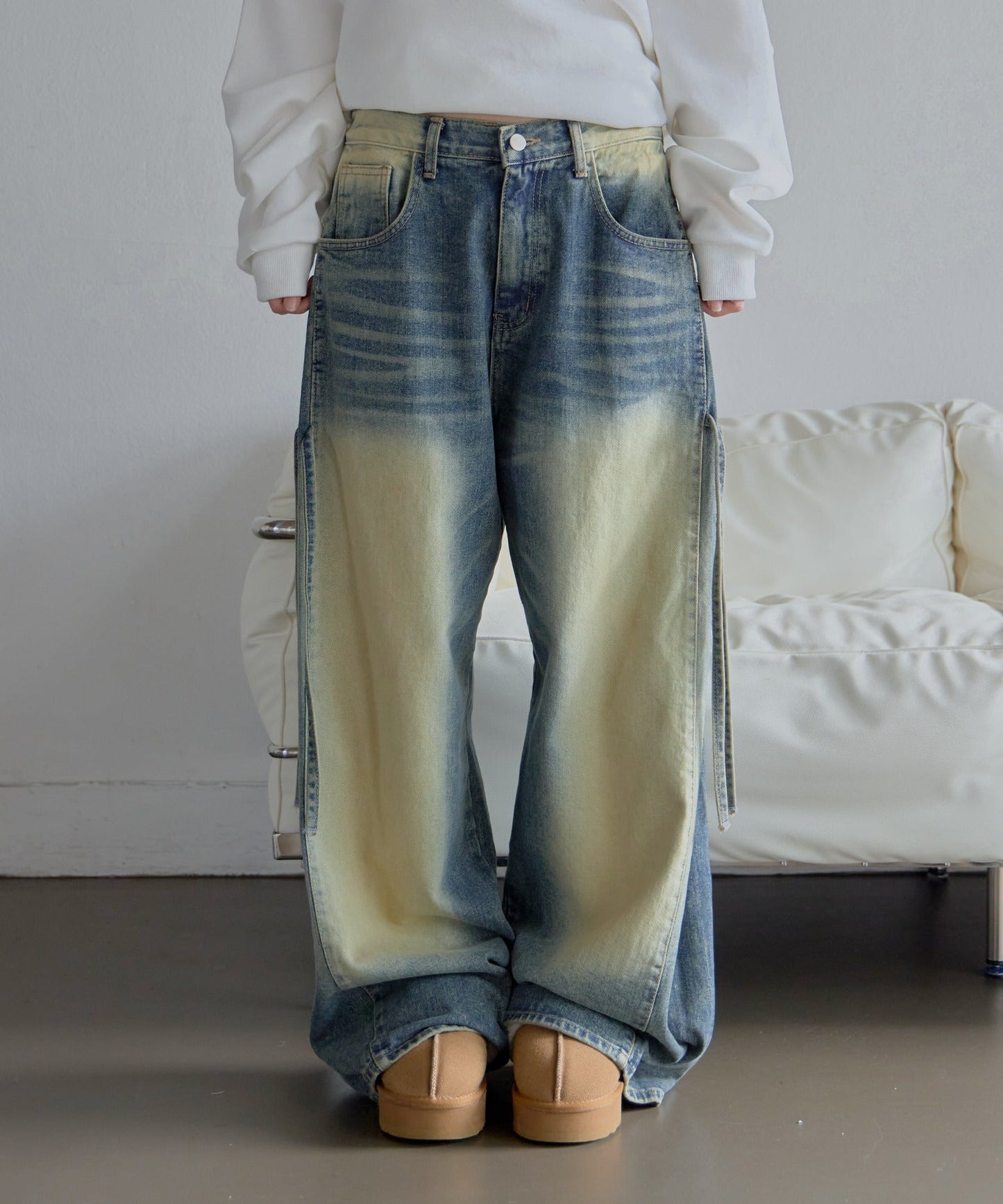 [UNISEX][XS~L][低身長、高身長さんでも！◎]ダーティーキャットブラシウォッシング・サイドピンタックデニムパンツ
