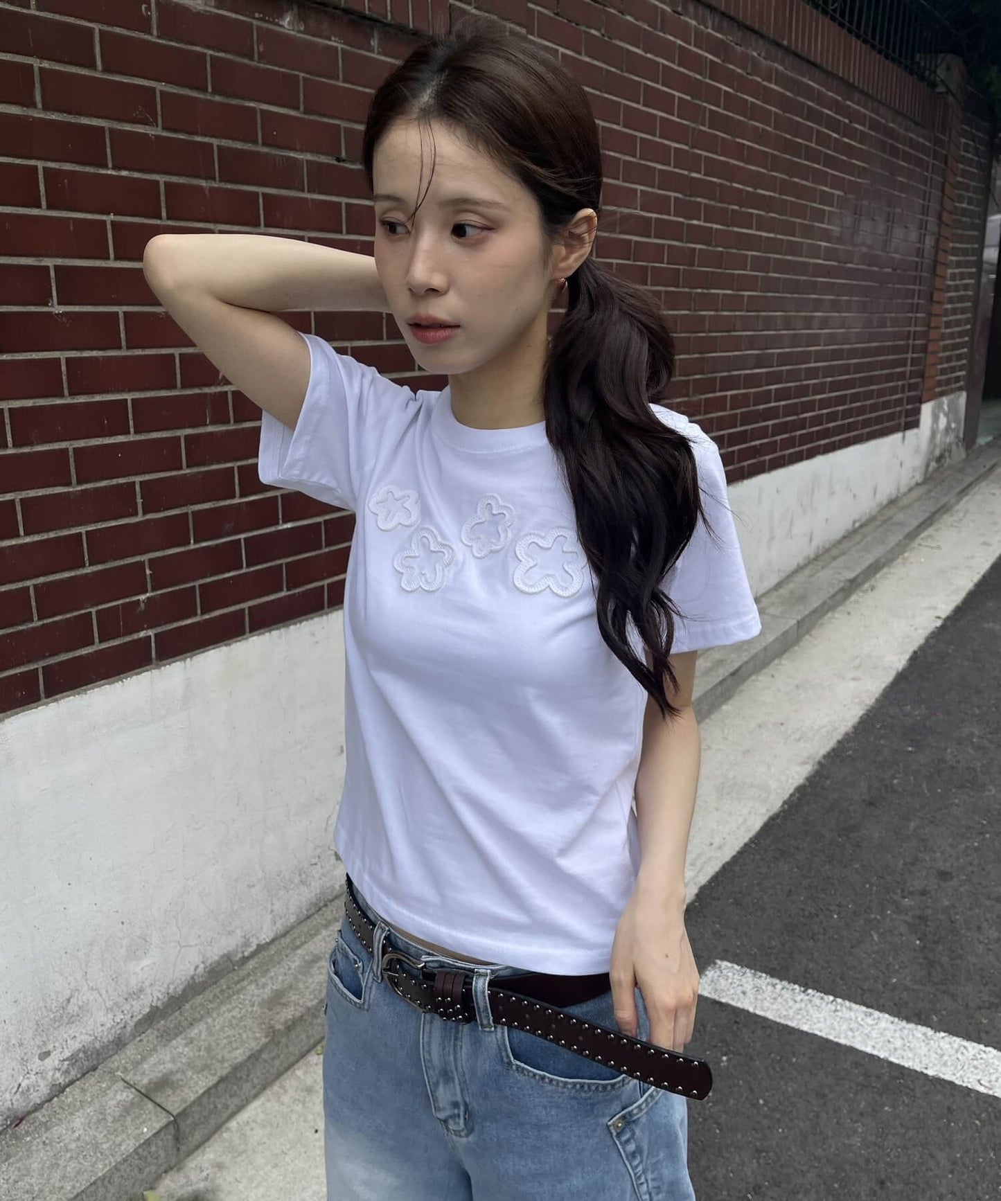 ダッフルフラワーワッペンレタリング半袖Tシャツ