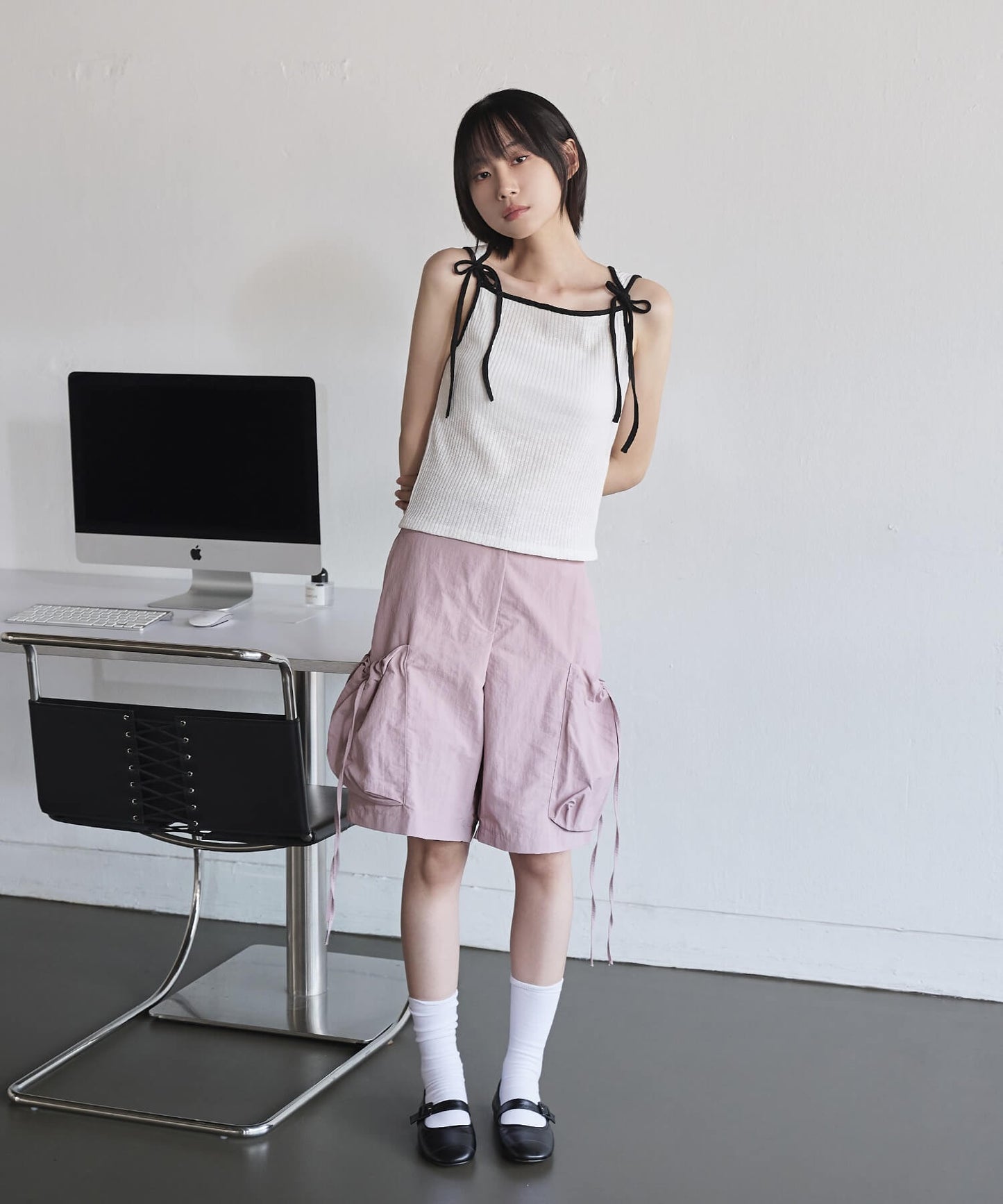 [UNE ORIGINAL] バイカラーフロントリボンサマーニットタンクトップキャミソール