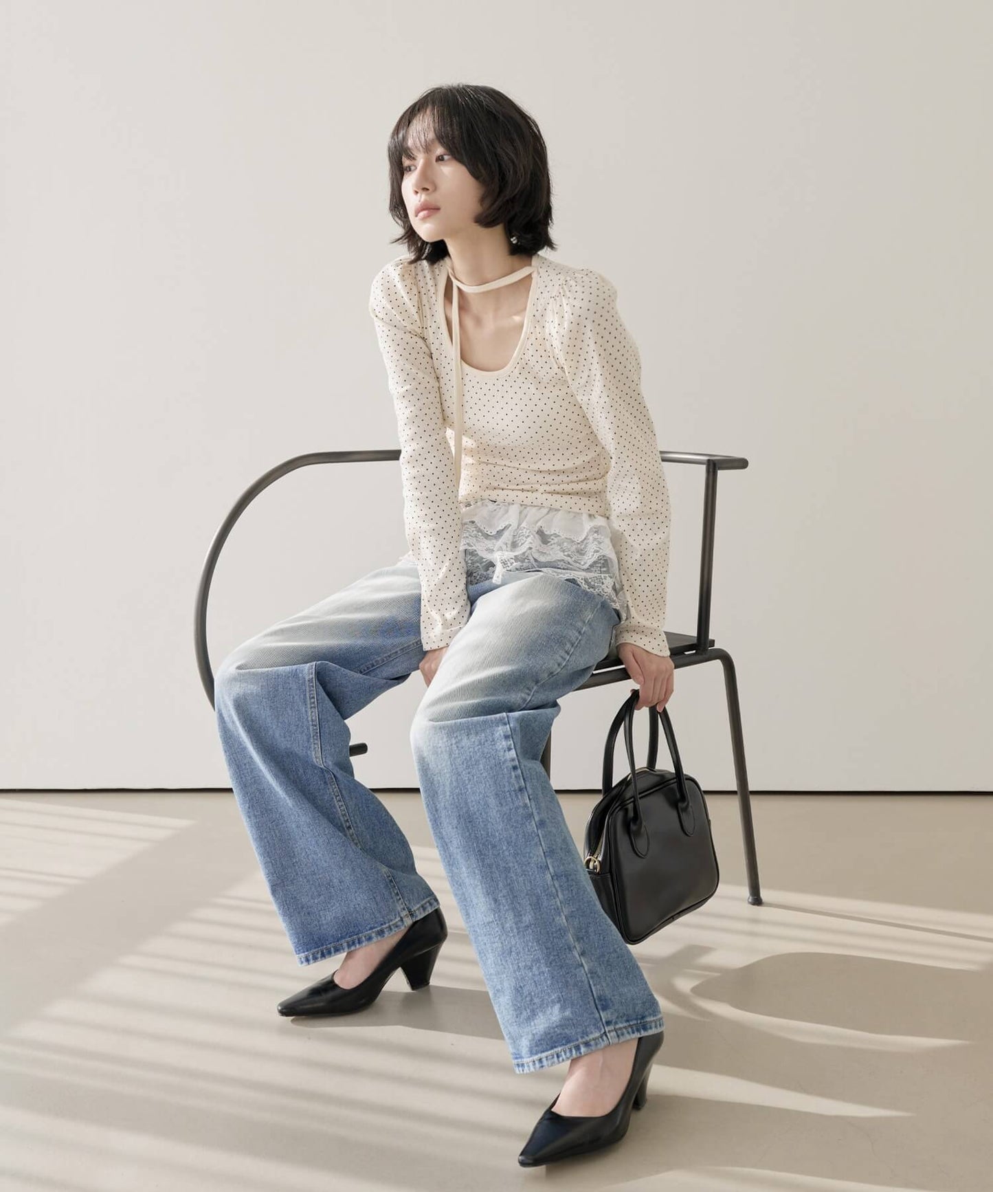 バレエコアラブリーUネックリボンドットショルダーパフ長袖Tシャツカットソー