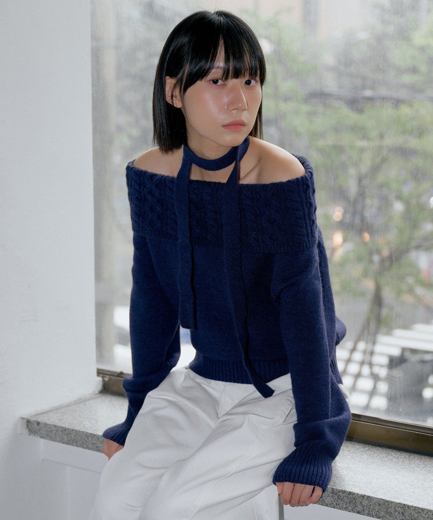 マフラーSET編み模様デザインオフショルダーニット