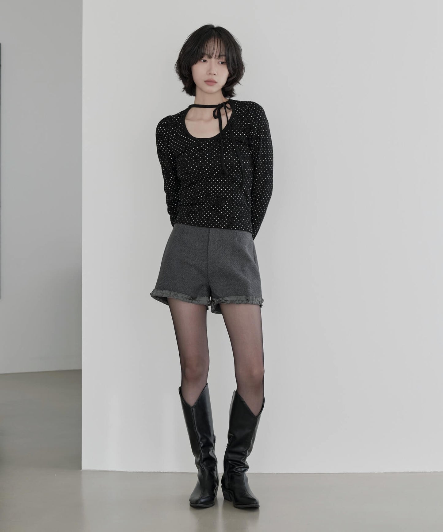 バレエコアラブリーUネックリボンドットショルダーパフ長袖Tシャツカットソー