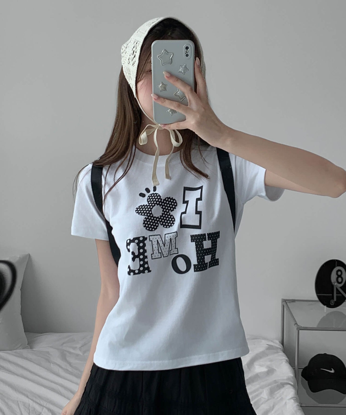 アロップホームDOTパターンフラワーアプリケットロゴクロップド半袖Ｔシャツ