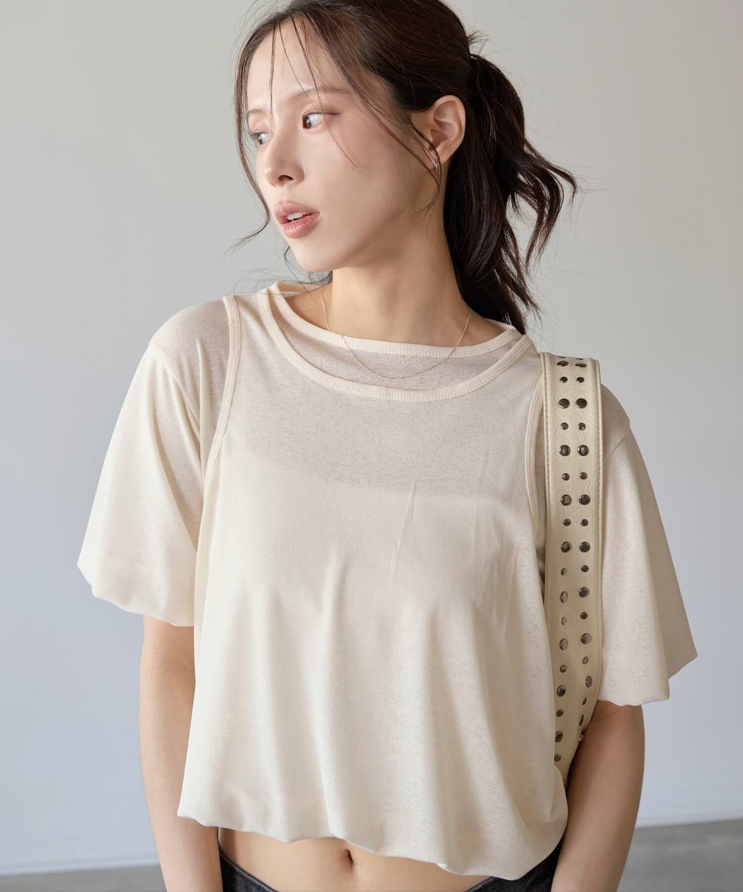 パステルキャンディレイヤードシースルーバルーンセミクロップドTシャツブラウスカットソー