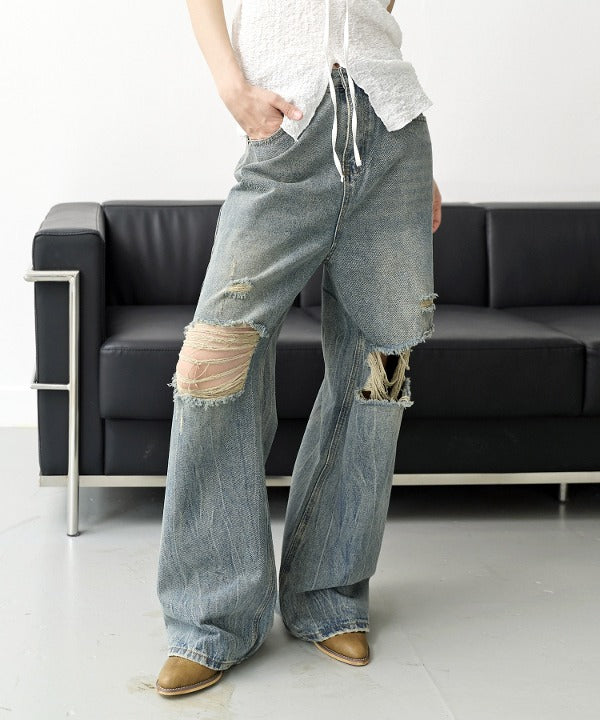【UNISEX】ビンテージウォッシングダメージワイドデニムパンツ