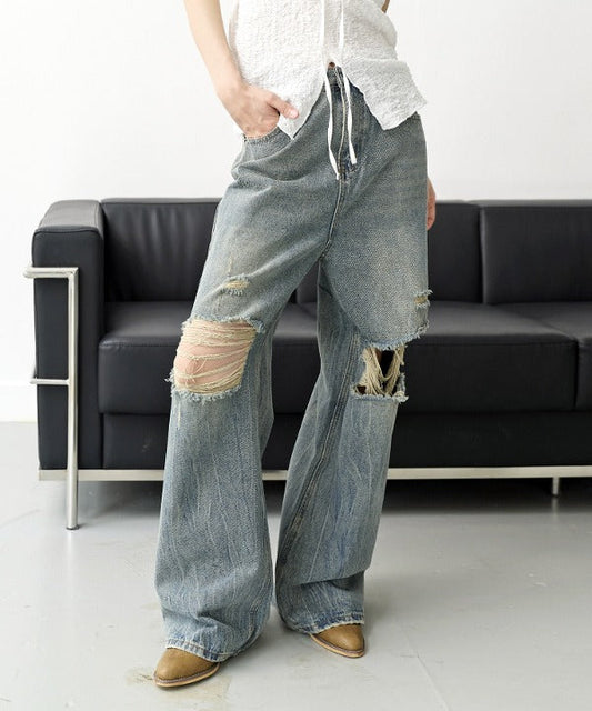 【UNISEX】ビンテージウォッシングダメージワイドデニムパンツ