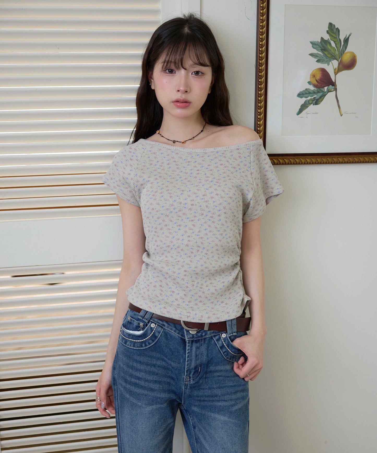 【オリジナル】【ボートネック/ワンショルダー】ワッフル素材×花柄パターンサイドシャーリングTシャツカットソー