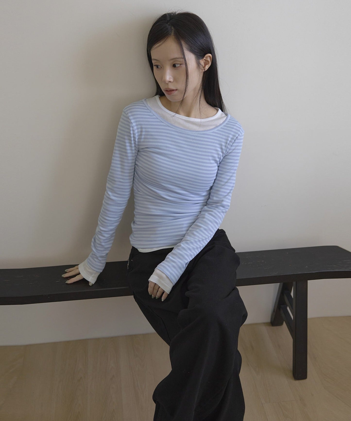 ベーシックルーズネックサイドシャーリングレイヤードストライプTシャツカットソー