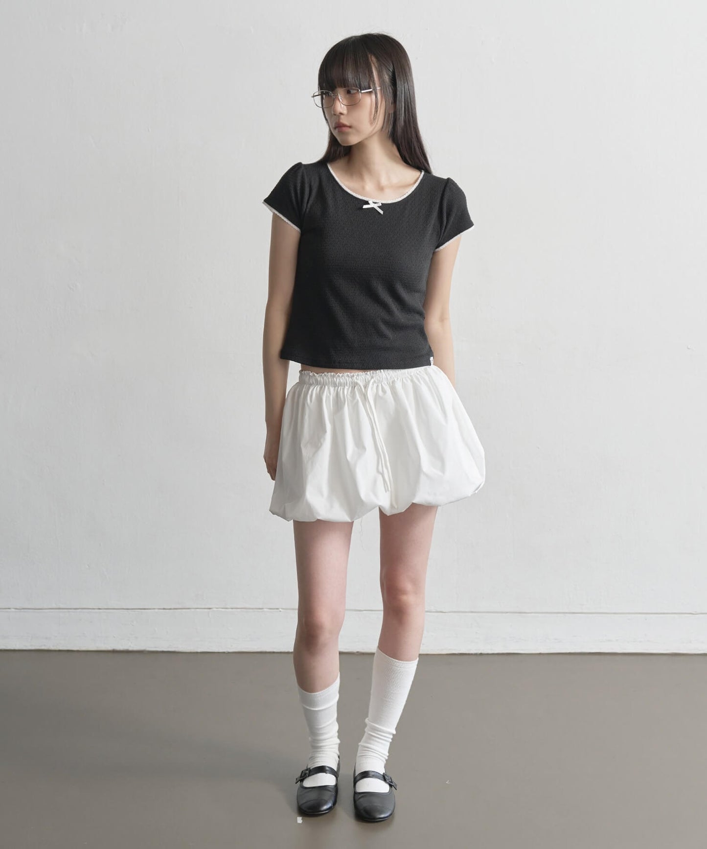 【UNE ORIGINAL】 ワッフルリボンレースショルダーパフ半袖Tシャツ