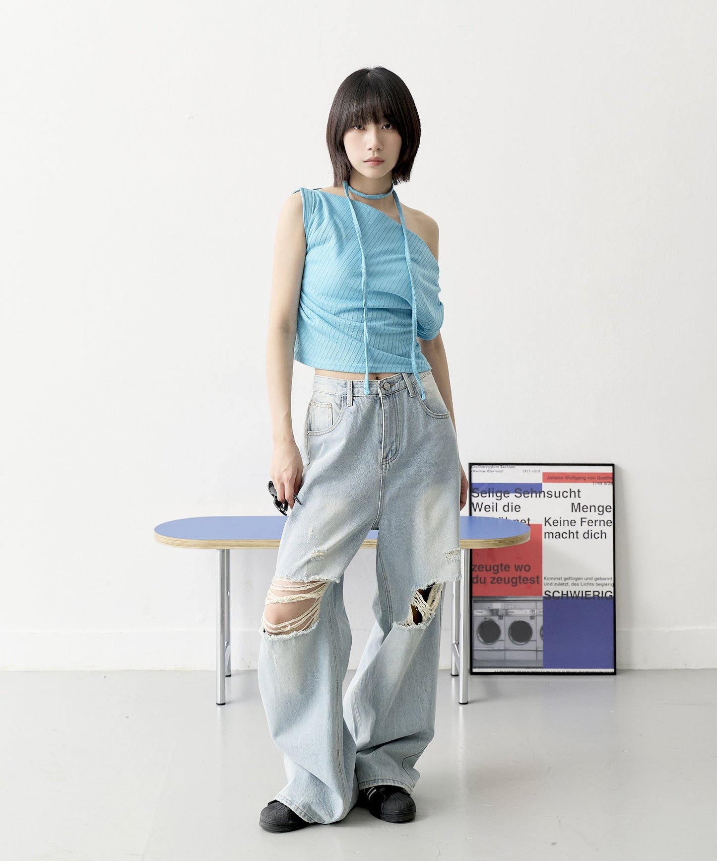 【UNISEX】ビンテージウォッシングダメージワイドデニムパンツ