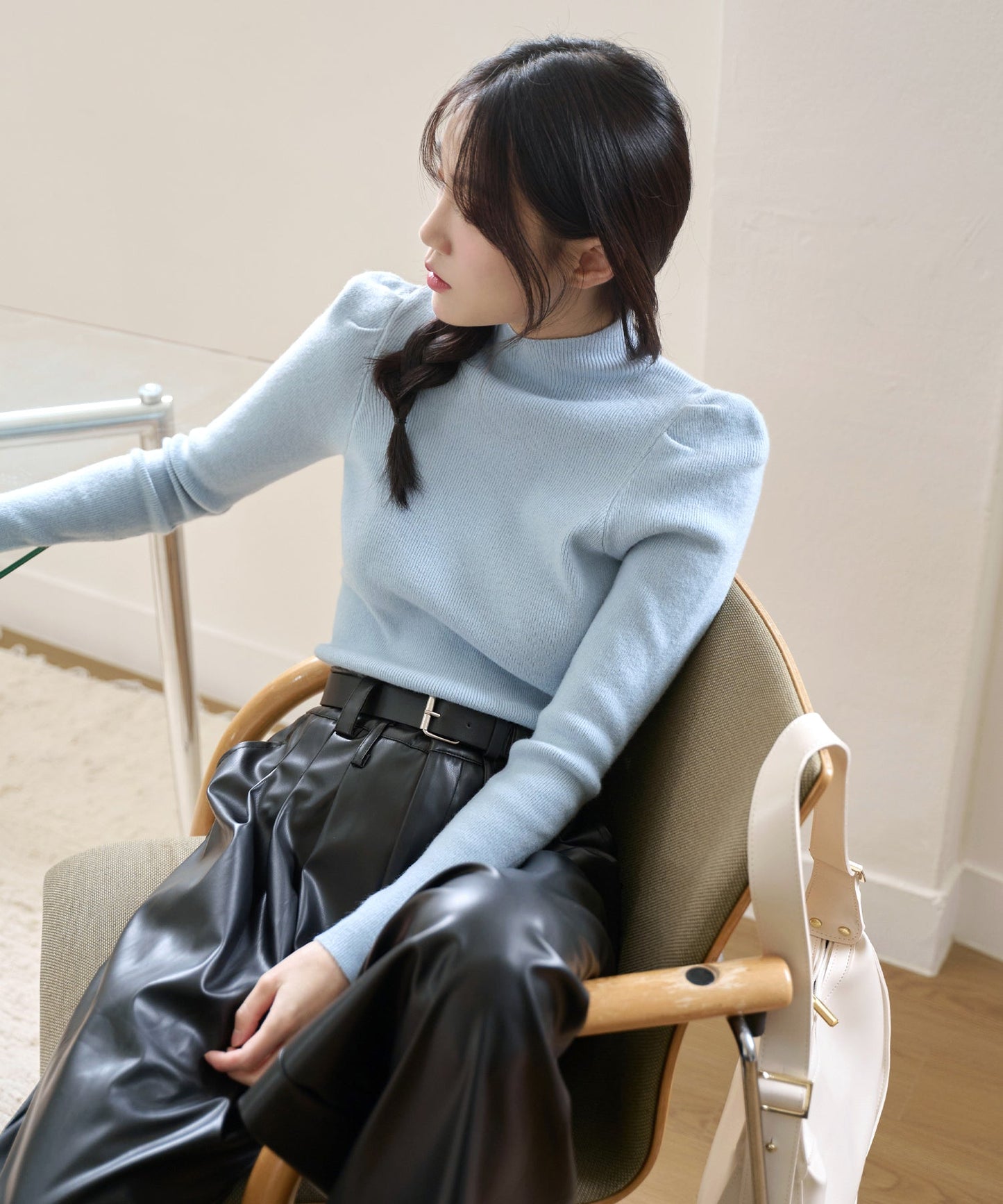 【７色展開】ハイネックショルダーパフパステルカラーニット