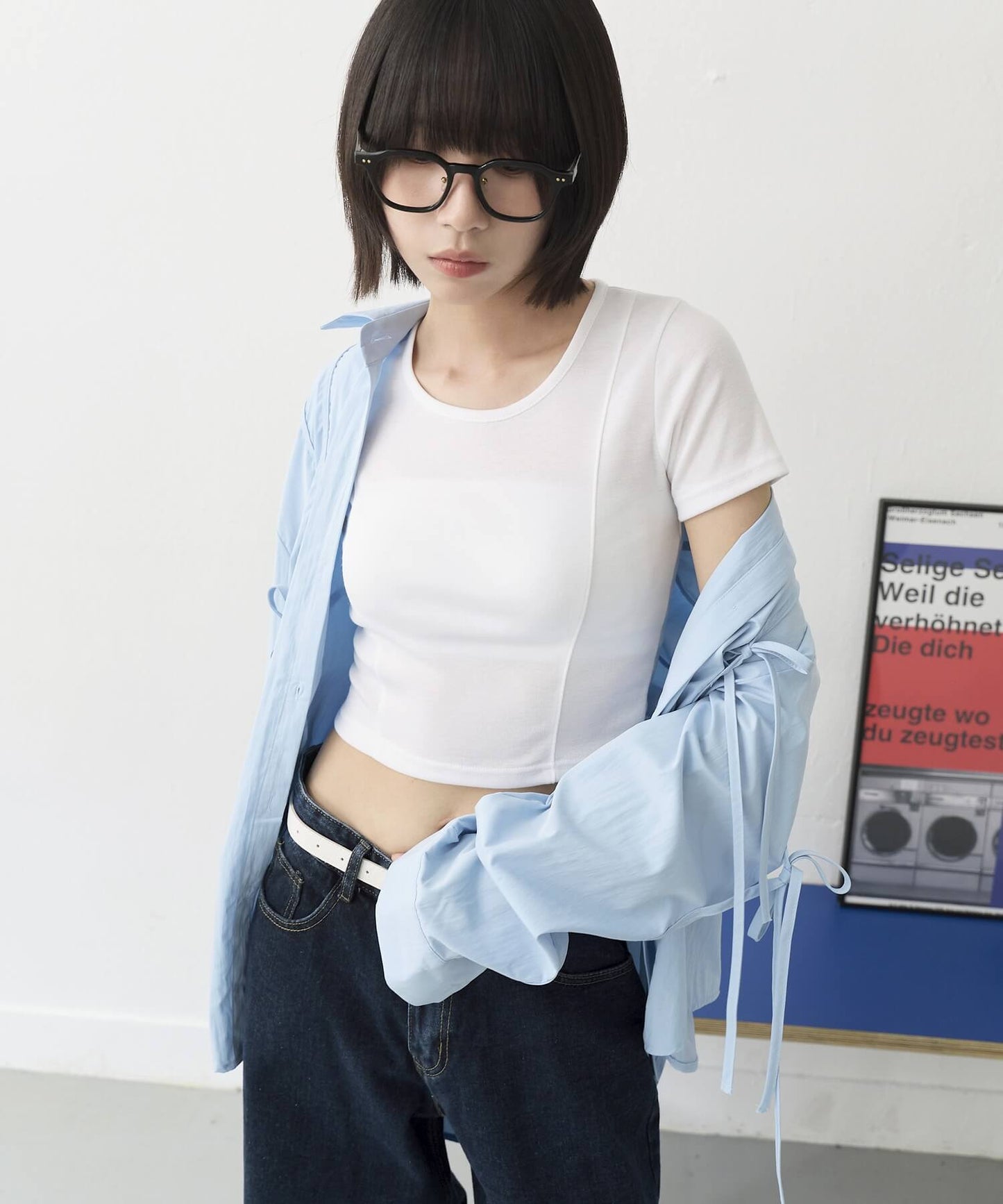 [UNE ORIGINAL]オーバーサイズフロントシャーリングリボンブラウスシャツ