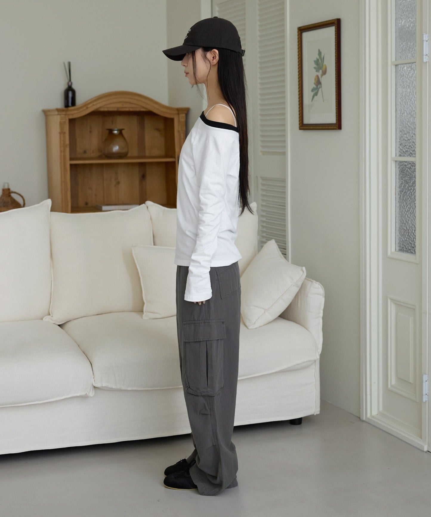 【オフショルダー/ワンショルダー2WAY着用可能】バイカラーナンバリング長袖Tシャツカットソー