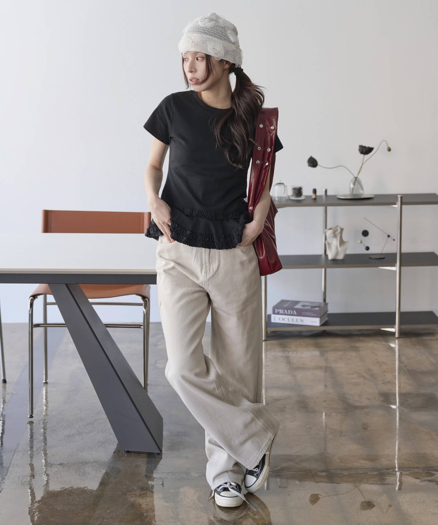 カンカンレースフリル レイヤード半袖Tシャツカットソー ラウンド