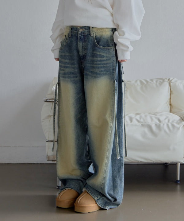 [UNISEX][XS~L][低身長、高身長さんでも！◎]ダーティーキャットブラシウォッシング・サイドピンタックデニムパンツ