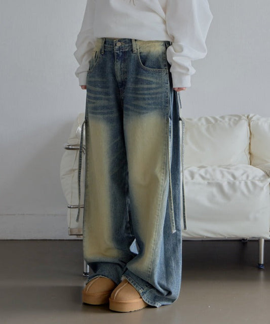 [UNISEX][XS~L][低身長、高身長さんでも！◎]ダーティーキャットブラシウォッシング・サイドピンタックデニムパンツ