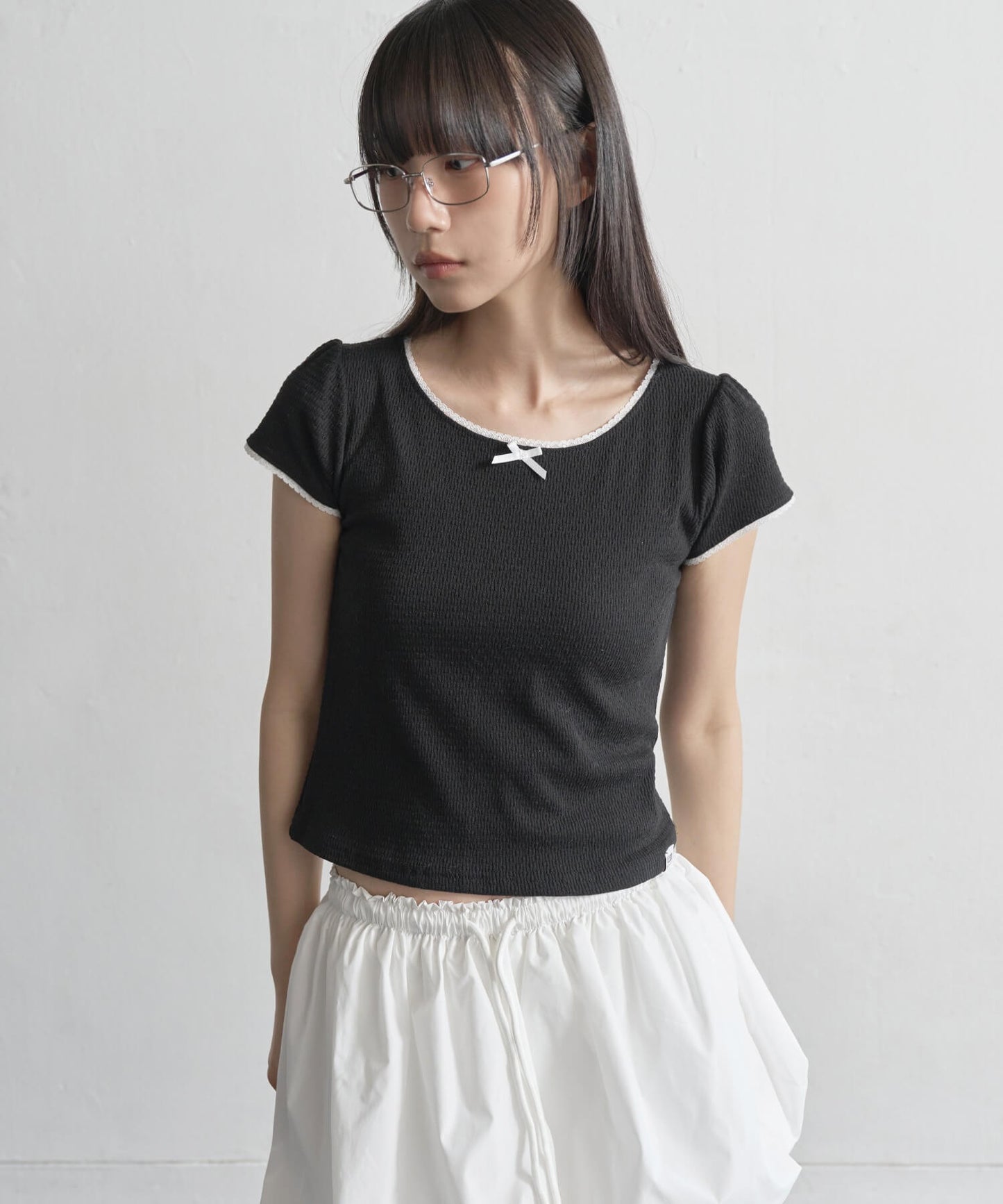 【UNE ORIGINAL】 ワッフルリボンレースショルダーパフ半袖Tシャツ