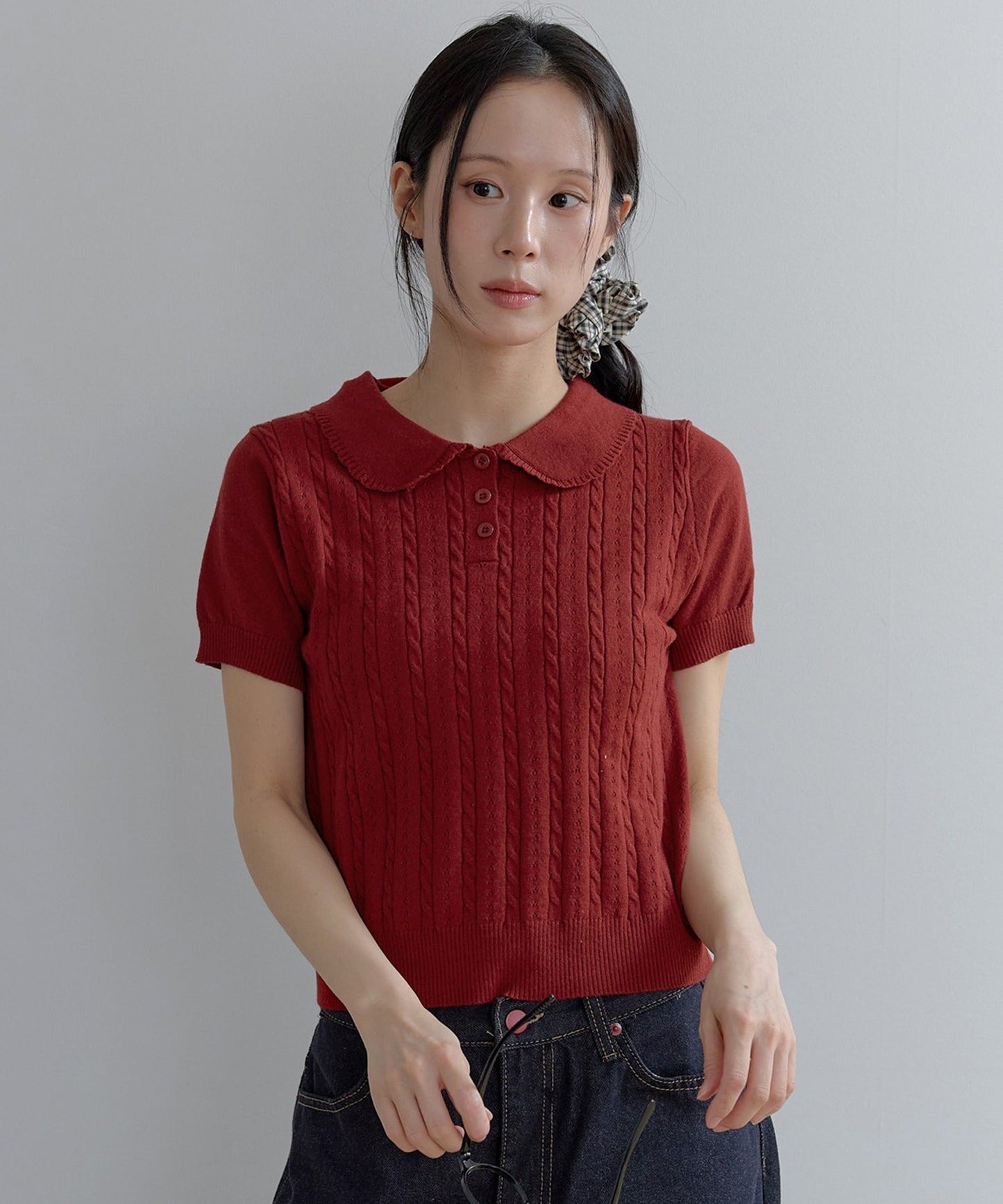 【好みやスタイリングに合わせて選べる豊富な6カラー展開】ラブリーラウンドカラーケーブル編み半そでスプリングニット