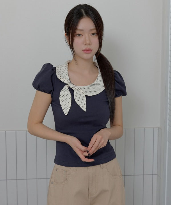 バイカラーラブリーリボンラウンドカラーショルダーパフ半袖Tシャツカットソー