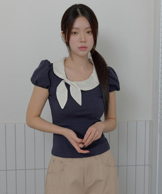 バイカラーラブリーリボンラウンドカラーショルダーパフ半袖Tシャツカットソー