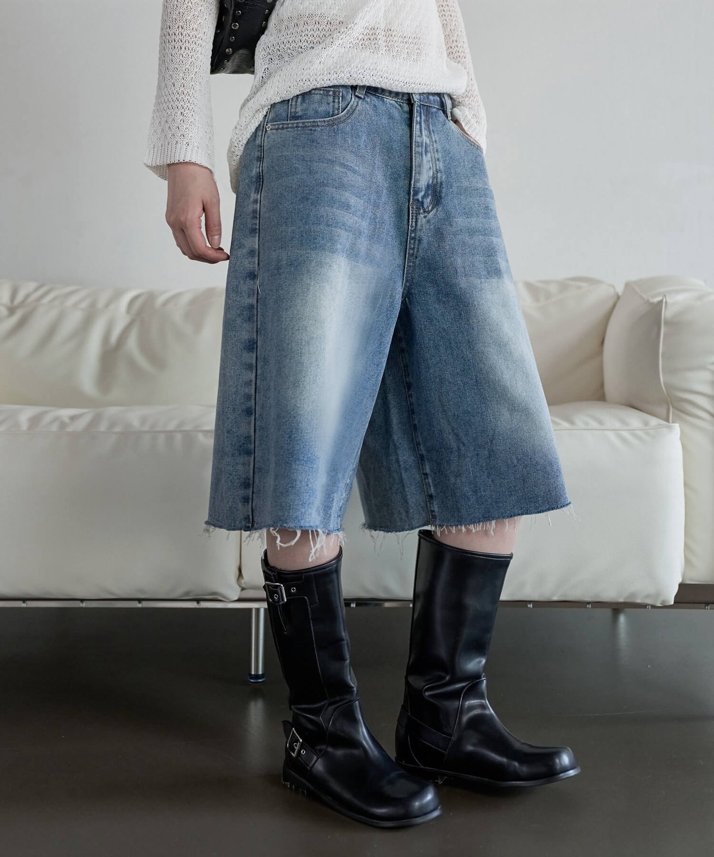 【ユニセックス着用可能】腰履きカットオフバミューダワイドビンテージデニムハーフパンツ