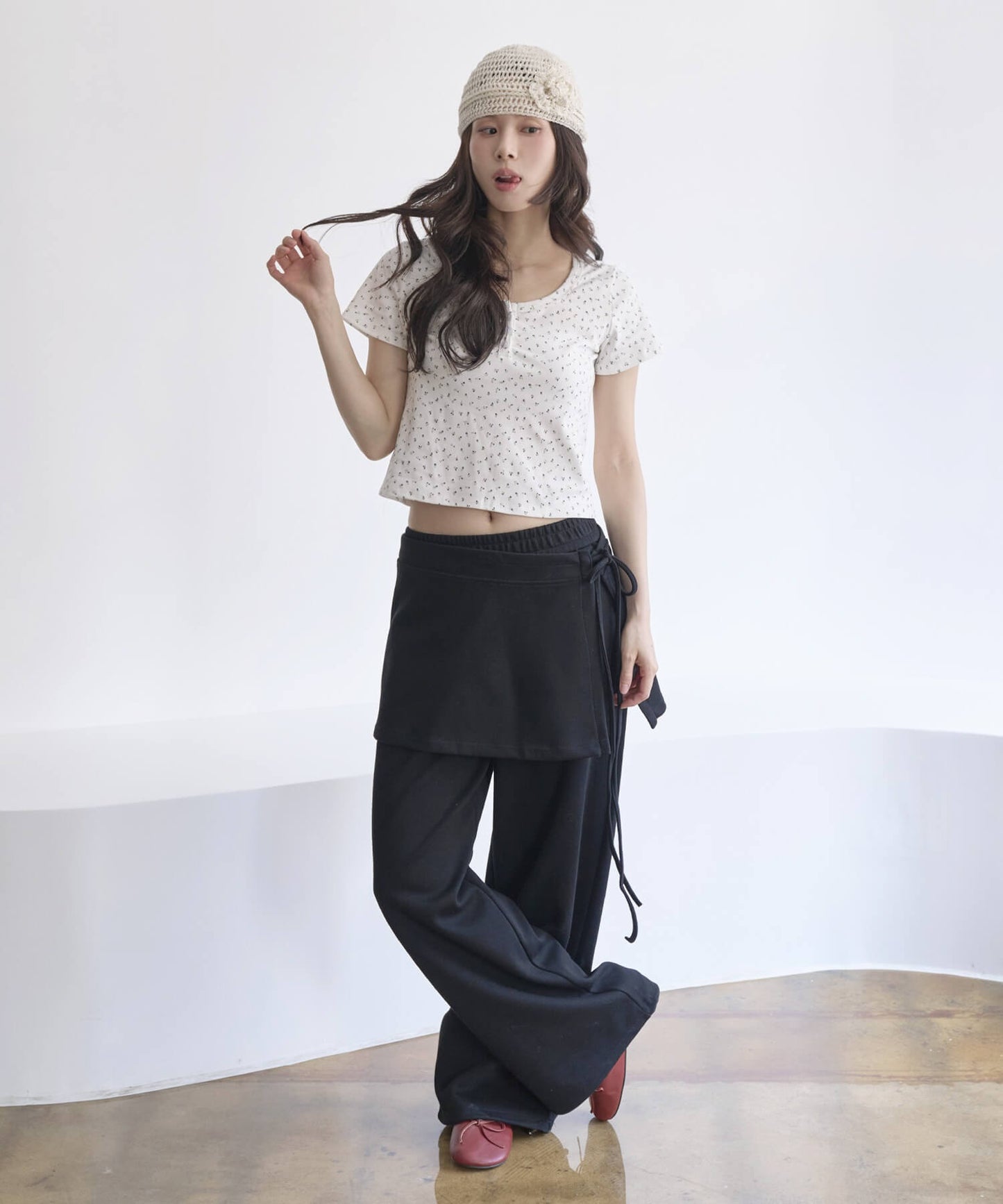 ラブリーフラワーパターンポイントボタン半袖Tシャツカットソー