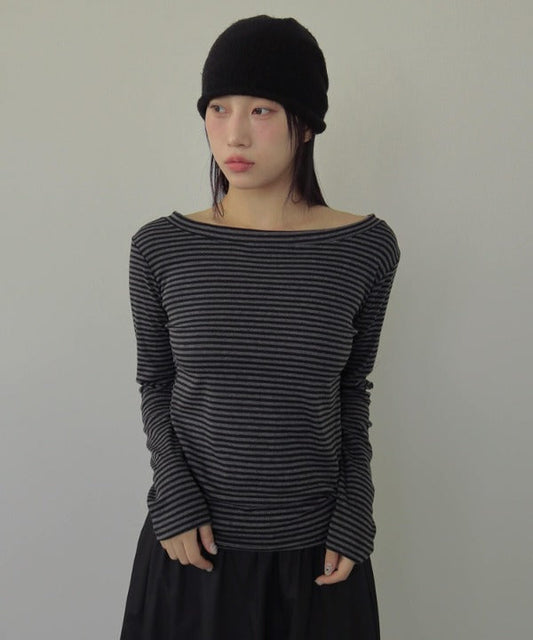 ストライプワンショルダー長袖Tシャツカットソー