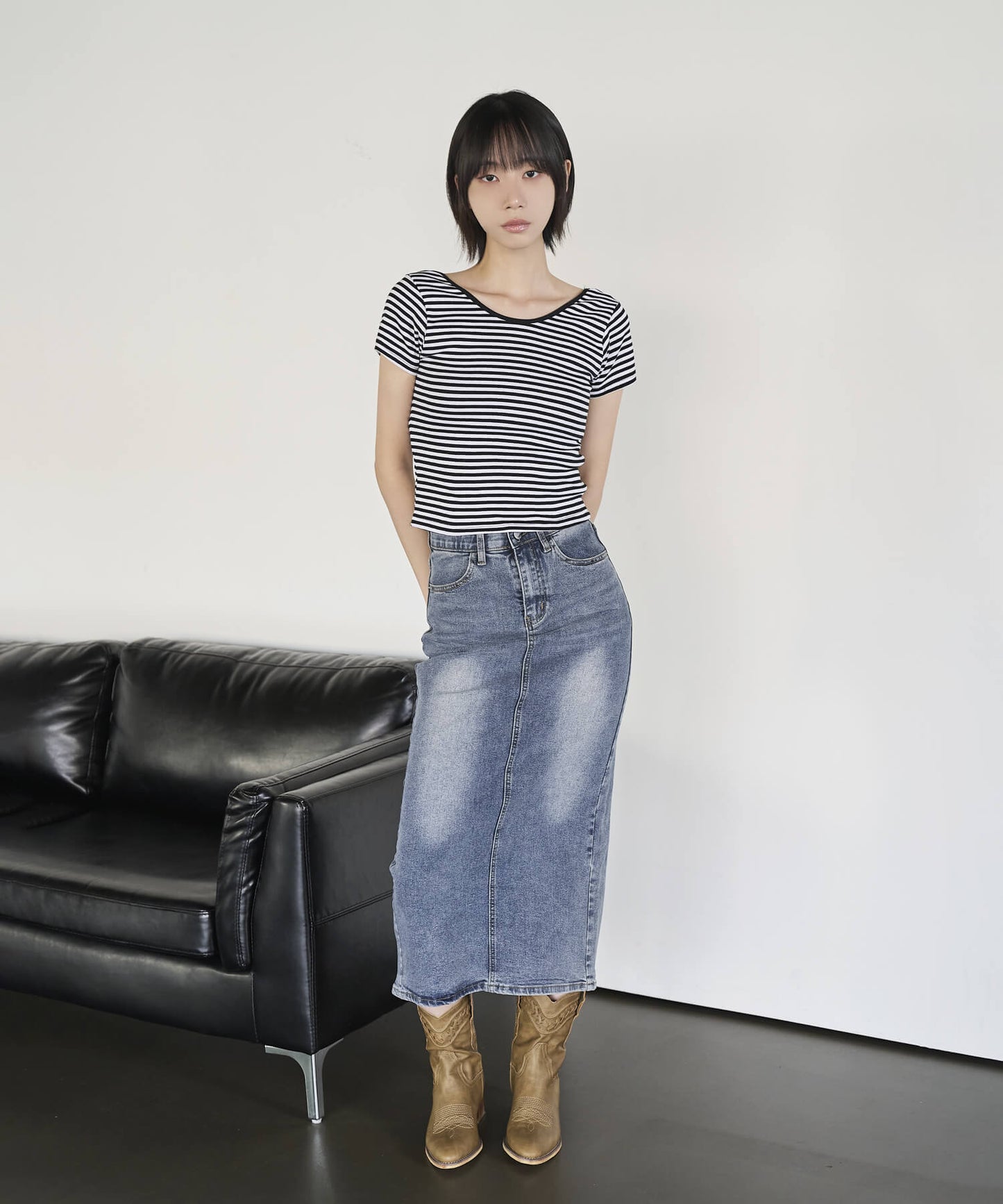バックストリングUネックボーダーリブニット半袖Tシャツ
