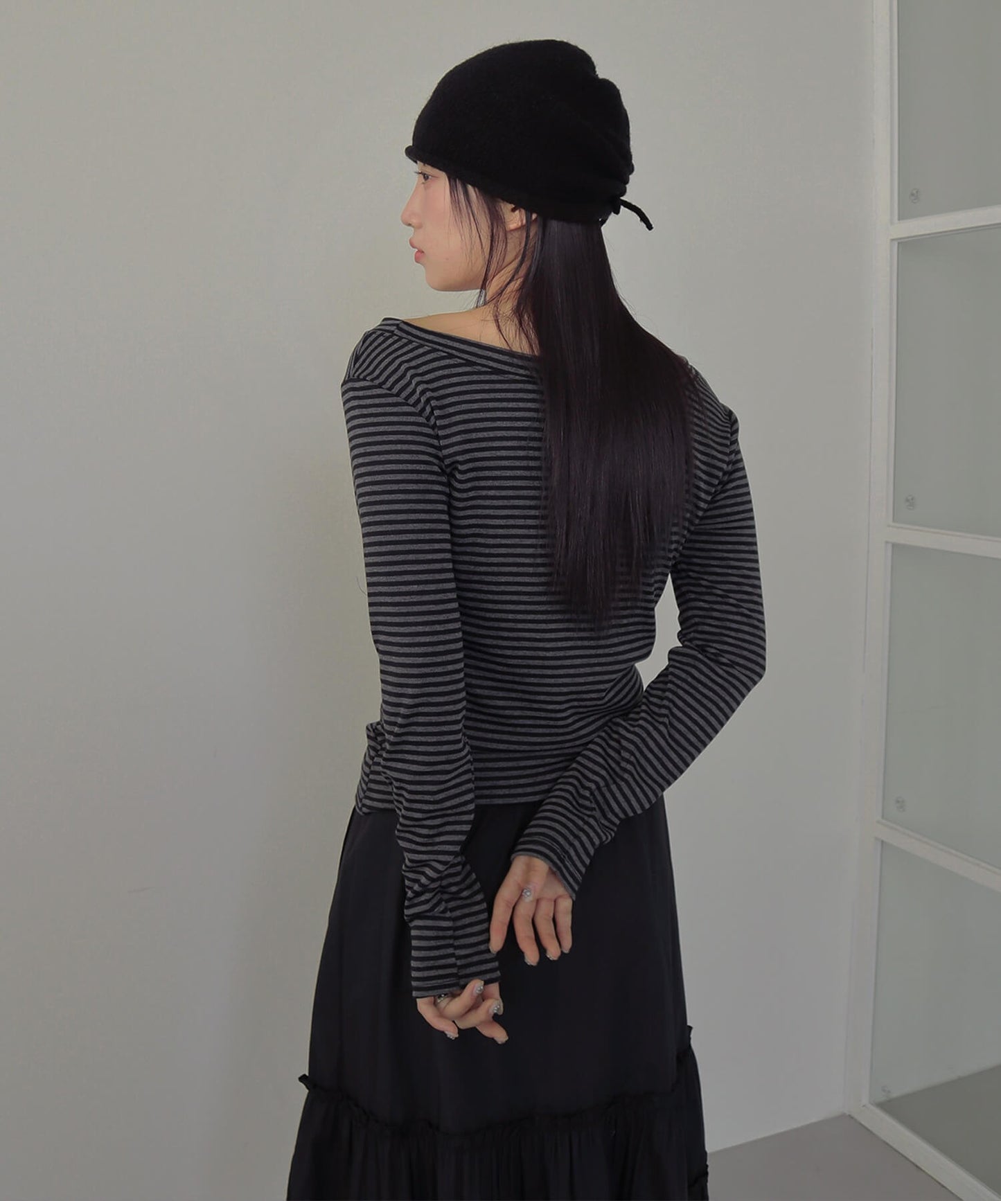ストライプワンショルダー長袖Tシャツカットソー