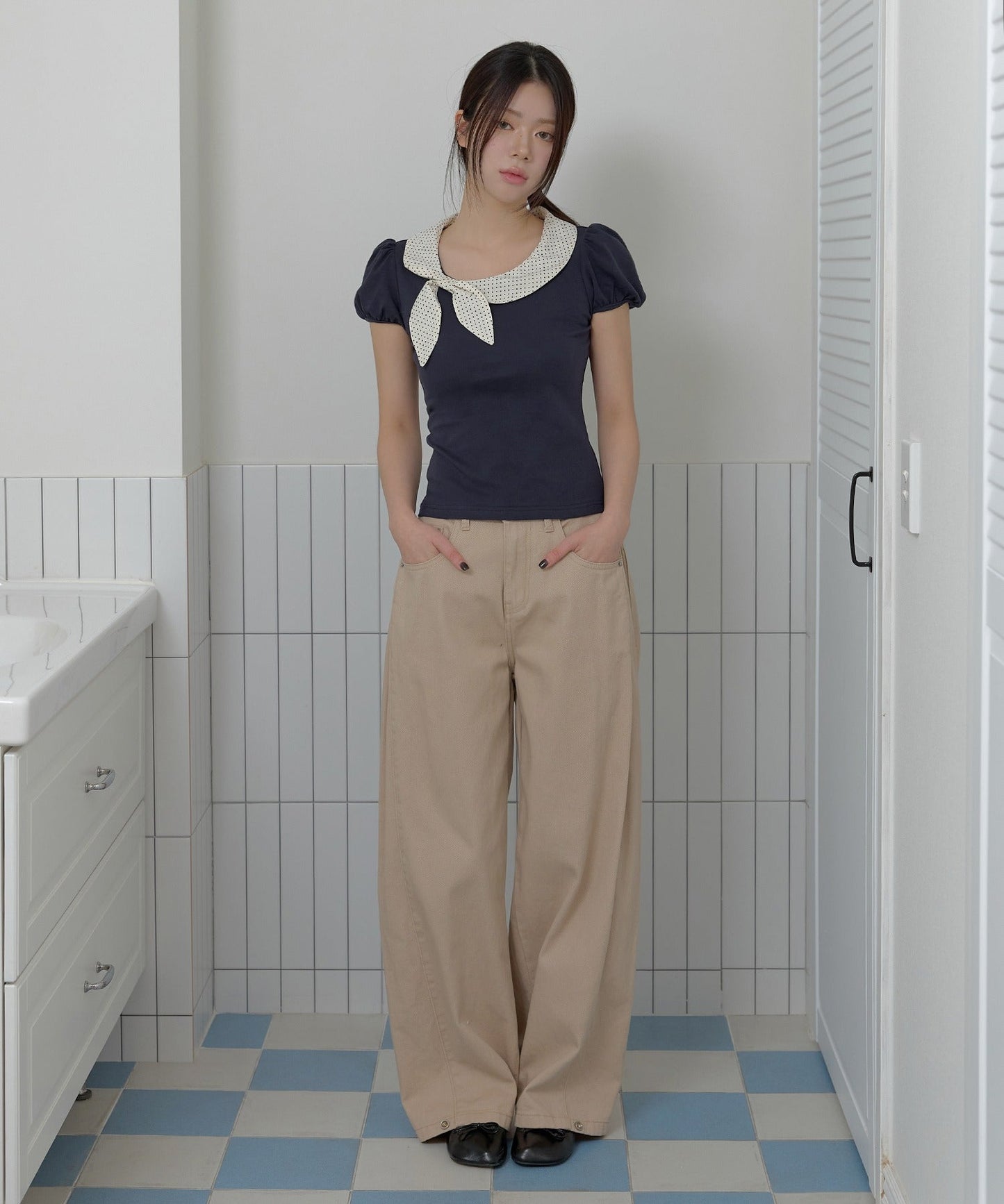 バイカラーラブリーリボンラウンドカラーショルダーパフ半袖Tシャツカットソー