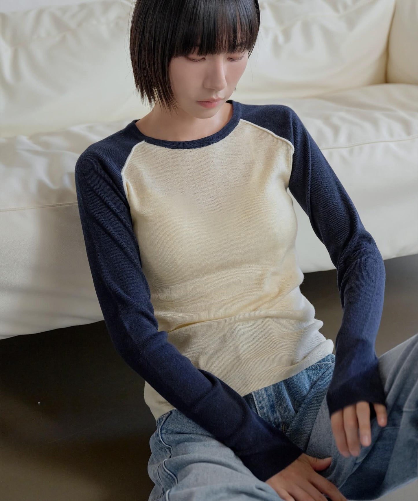 【UNE ORIGINAL】バイカラーラグランシンプルトーンニットTシャツ