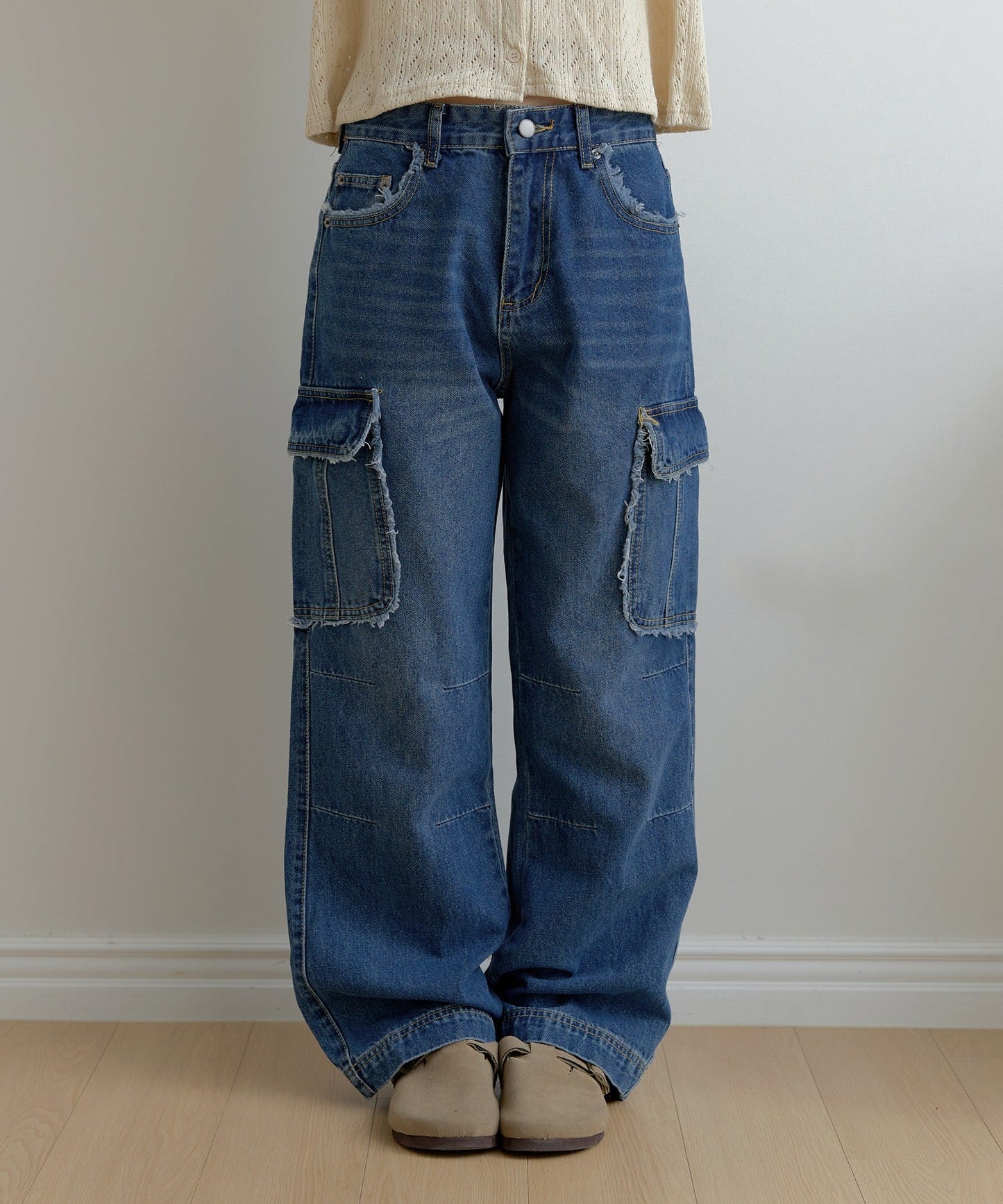 フリンジユニークラインカーゴストレートデニムパンツ