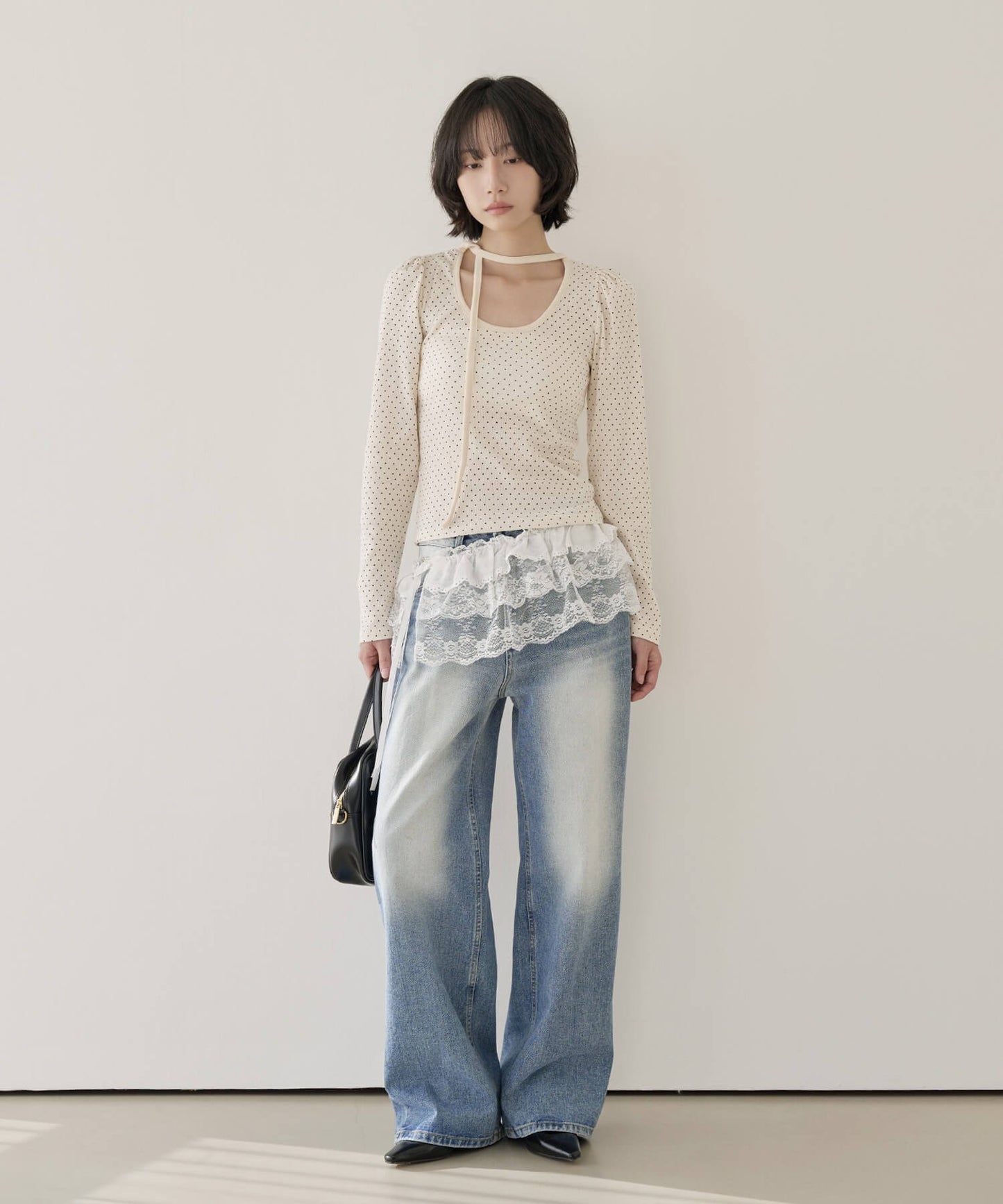 バレエコアラブリーUネックリボンドットショルダーパフ長袖Tシャツカットソー