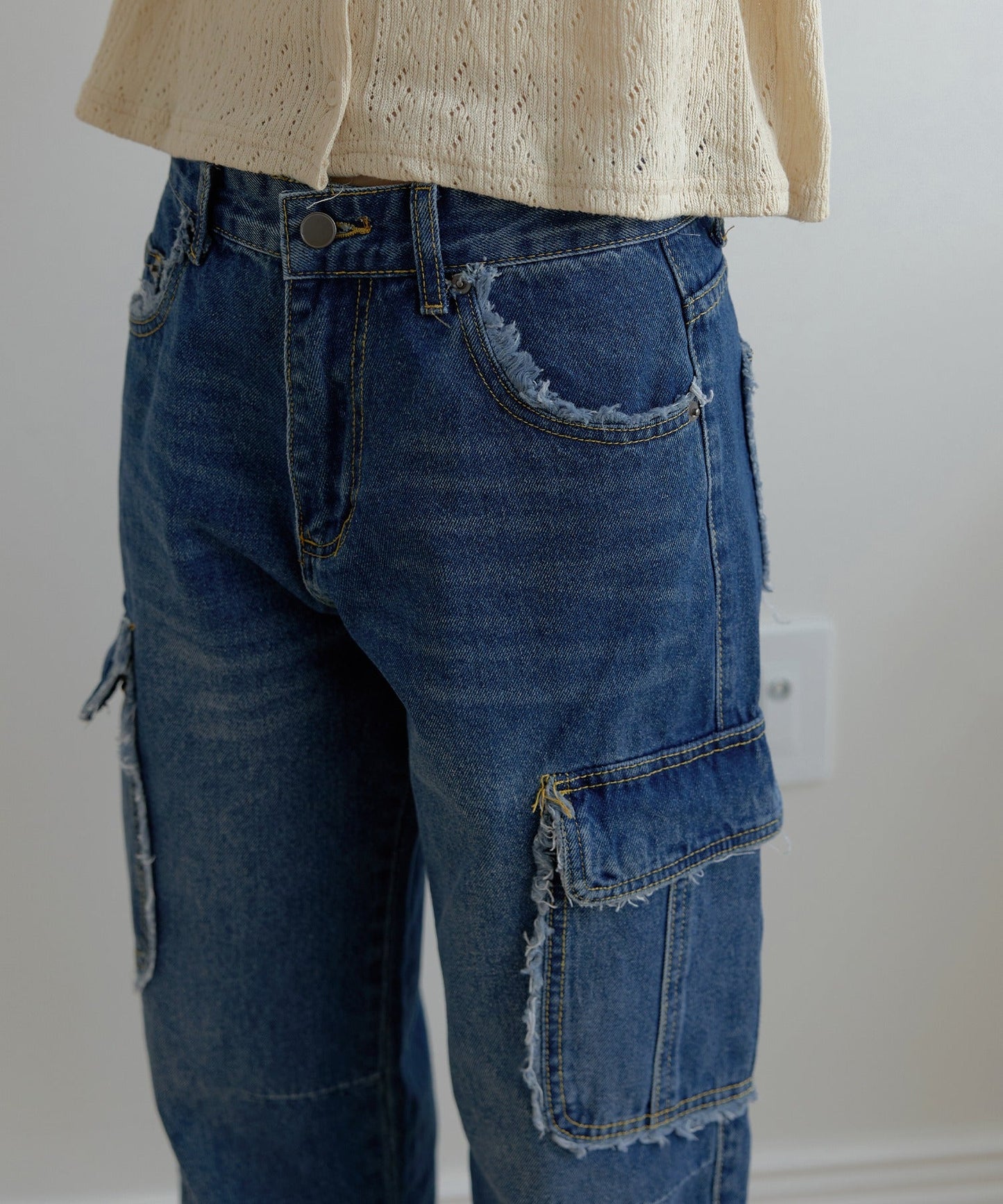 フリンジユニークラインカーゴストレートデニムパンツ
