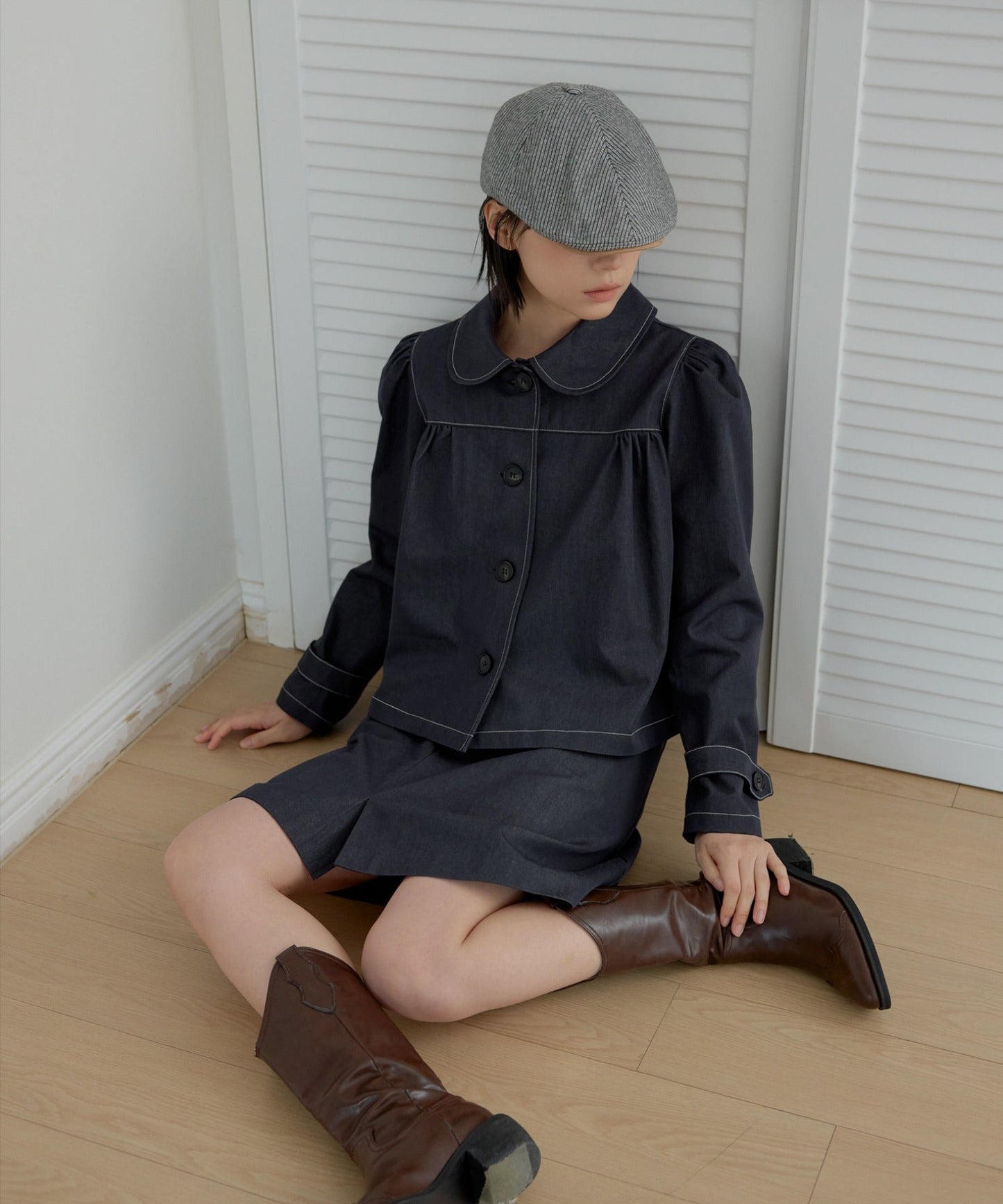 【オリジナル】ラブリーラウンドカラーシャーリングショルダーパフトレンチショートコート