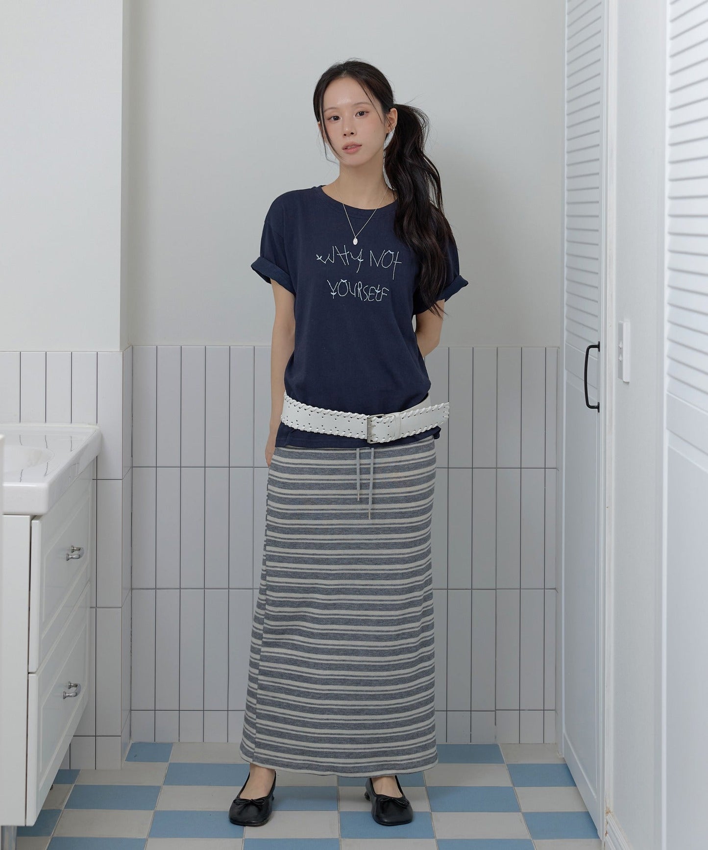 ポイントバイカラー刺繍オーバーサイズ半袖Tシャツカットソー