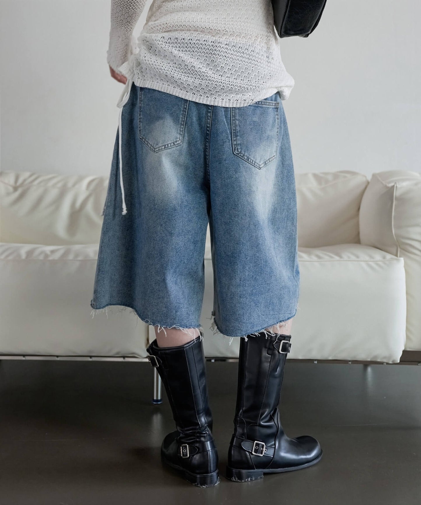 【ユニセックス着用可能】腰履きカットオフバミューダワイドビンテージデニムハーフパンツ